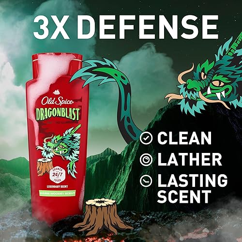 Miniatura 2 de Old Spice Gel de baño limpiador para hombres, 3X defensa, ducha fresca 247 con aroma duradero, lavado corporal y facial 2 en 1, aroma Dragonblast,