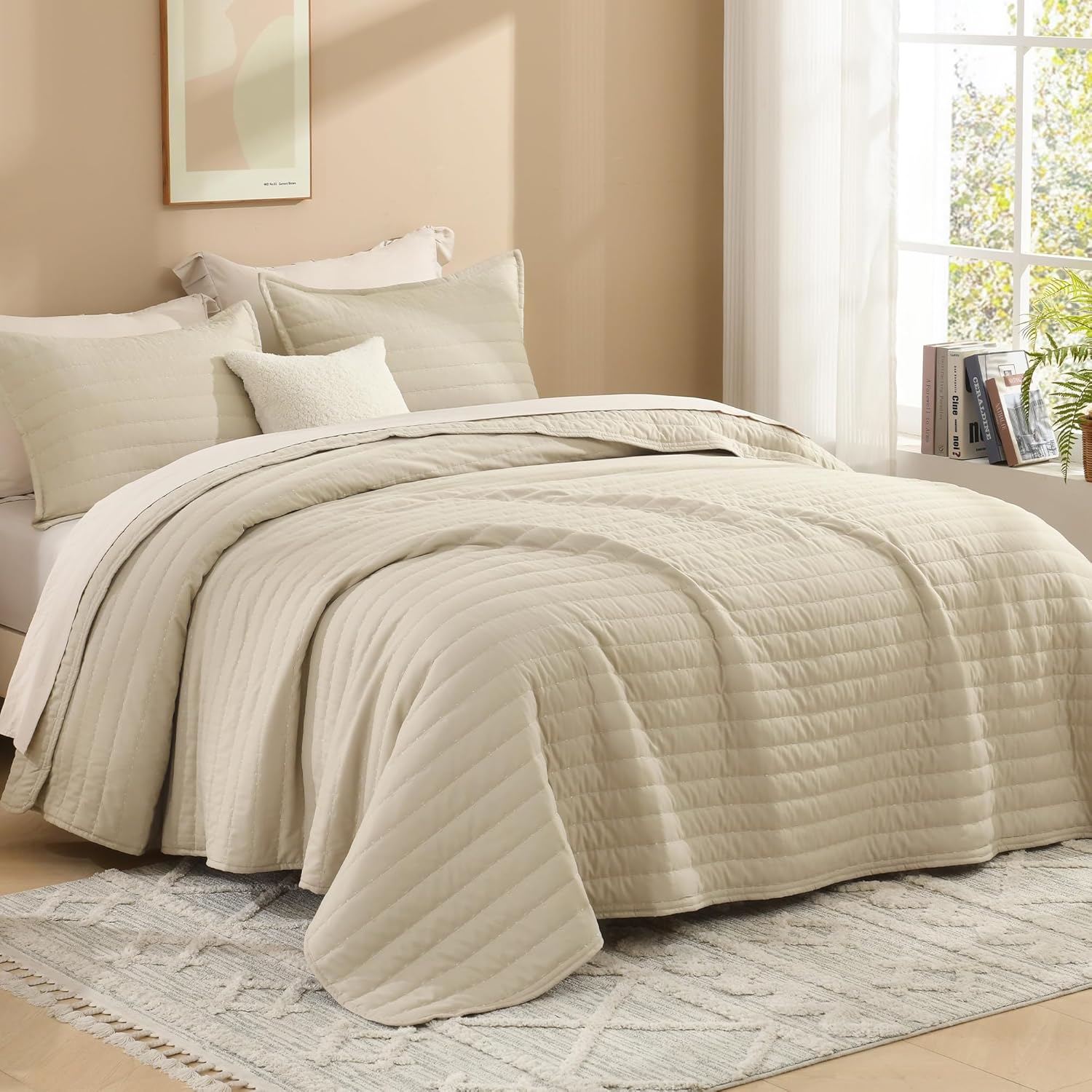 Litanika Oatmeal Quilts Queen Size, 3 Pieces Lightweight Quilt Bedding Set Bedspread, Beige Summer Soft Bed Cover for All Season with 96"x90" Coverlet & 2 Pillow Shams 02-oatmeal Queen(96*90in)
