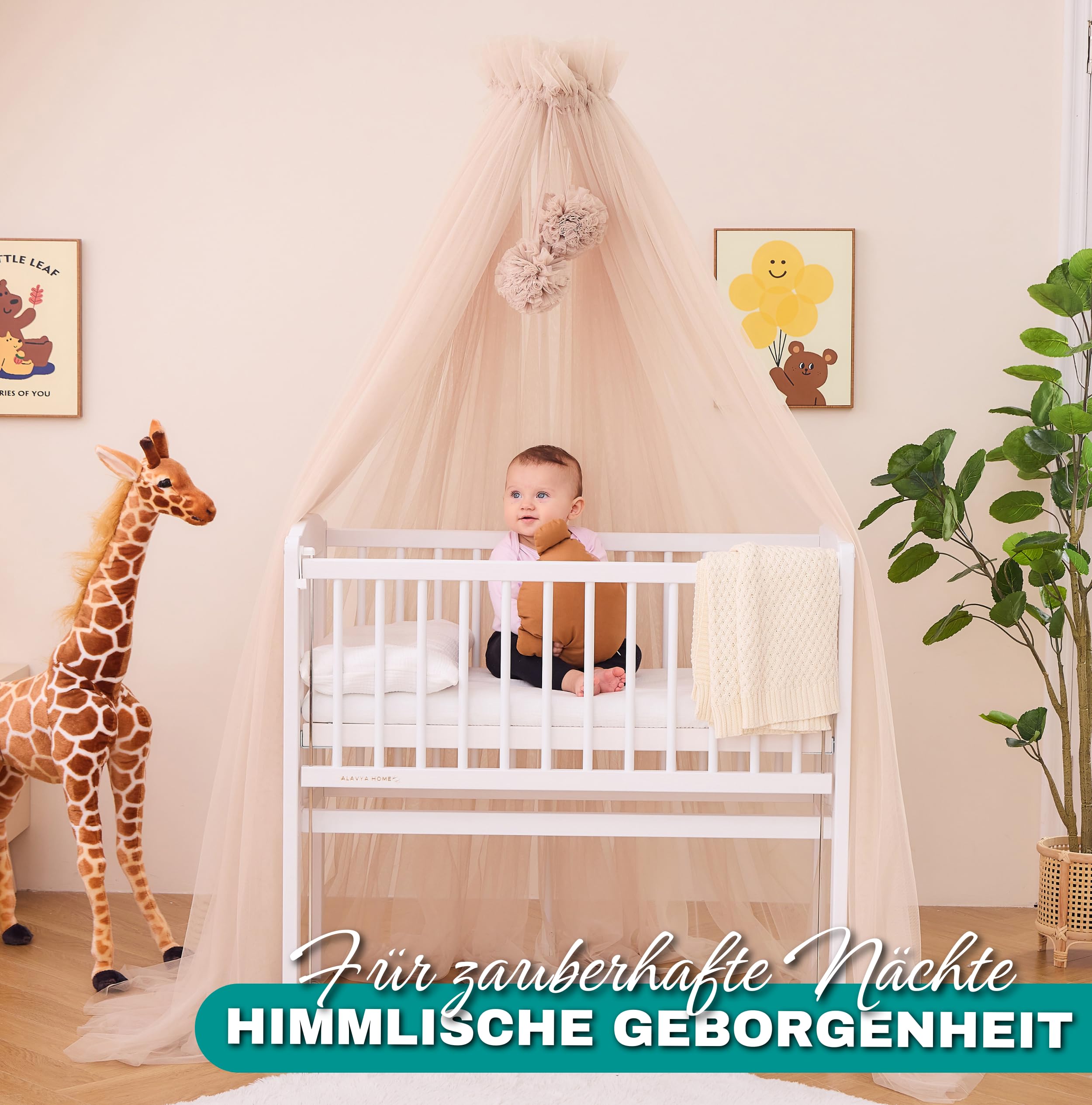 ALAVYA HOME Baldacchino in tulle, lunghezza 120 cm, per culla e culla, zanzariera con 2 pompon e baldacchino, decorazione per la cameretta dei bambini, protegge e incanta il vostro bambino durante il