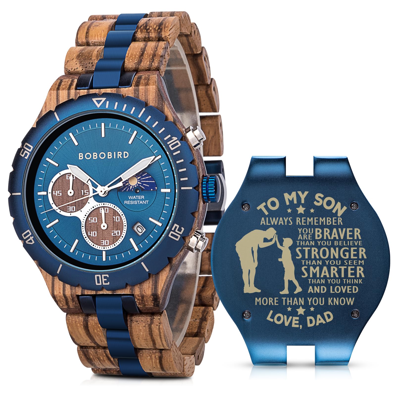2winMens Personalized Engraved Wooden Watches Fashion Multifunction Custom Watch Birthday Anniversary Wood Watches for Husband Boyfriend Dad Him Son with Gift Box