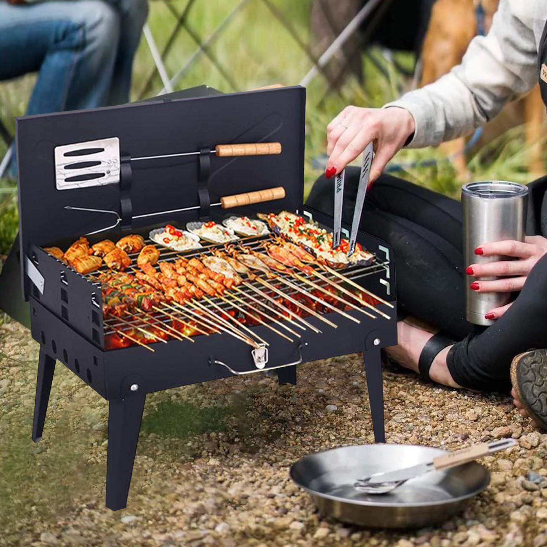 Grill Ogrodowy, Przenośny Grill Na Węgiel Drzewny Z Zestawem Narzędzi, Składany Lekki Grill, Wysokość Odpowiednia Na Kemping, Piknik, Patio, Plażę, Wędrówki, Do Parku