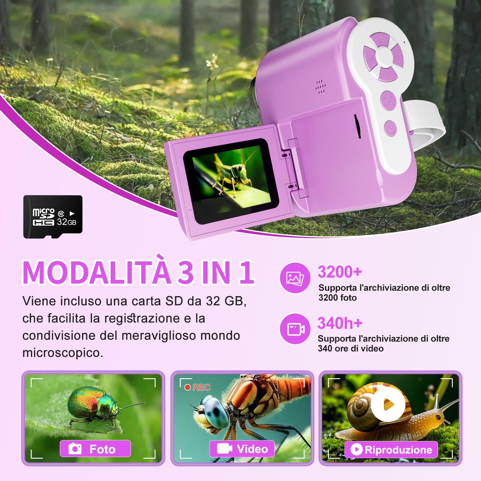 USCAMEL Microscopio Digitale Portatile per Bambini: 1000x ingrandimento, schermo HD da 2 pollici, connessione USB, Attrezzo educativo microscopio portatile per bambini età 7-12 anni (Viola)