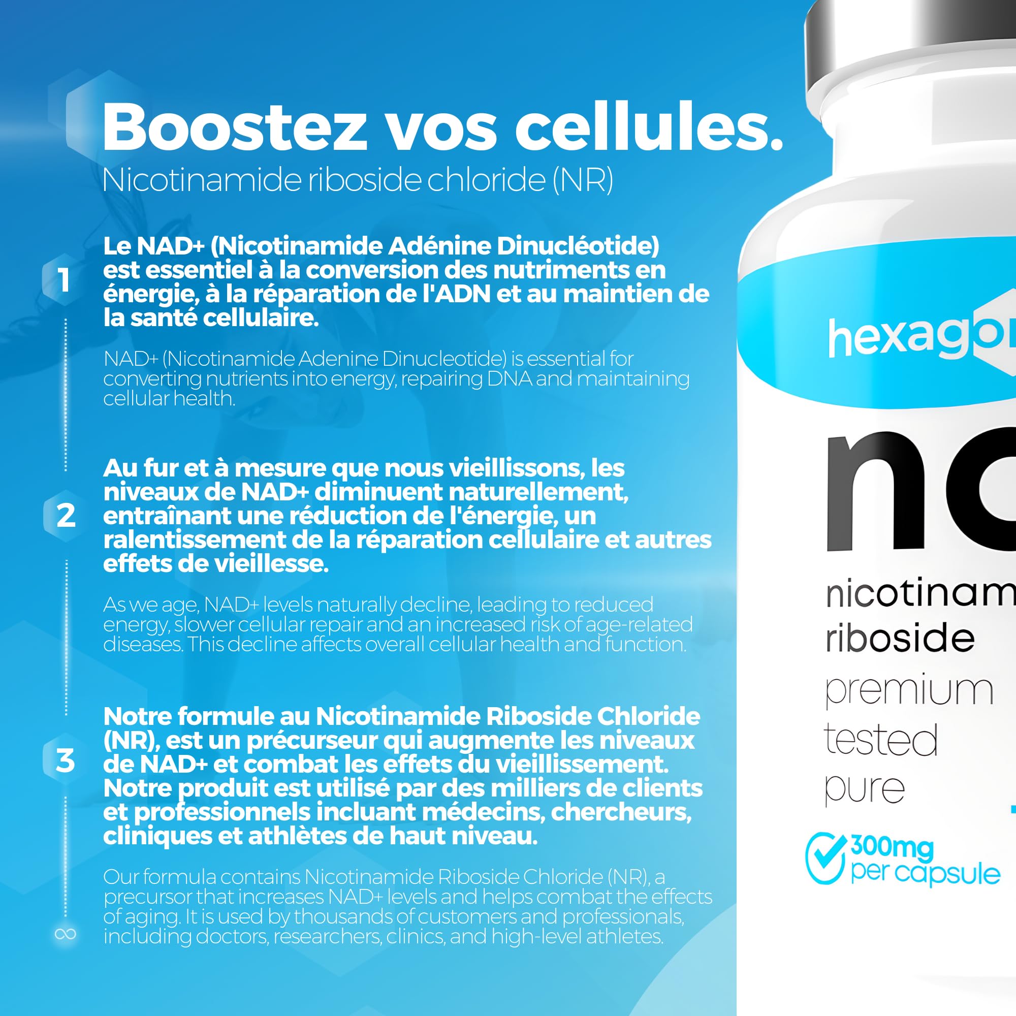 NAD+ Nicotinamide Riboside Chloride 300mg - +6 Mois de Cure - NAD Booster - Anti-Aging & Contre la Fatigue - Made in France - 180 Gélules Végétales - Vegan - Hexagon