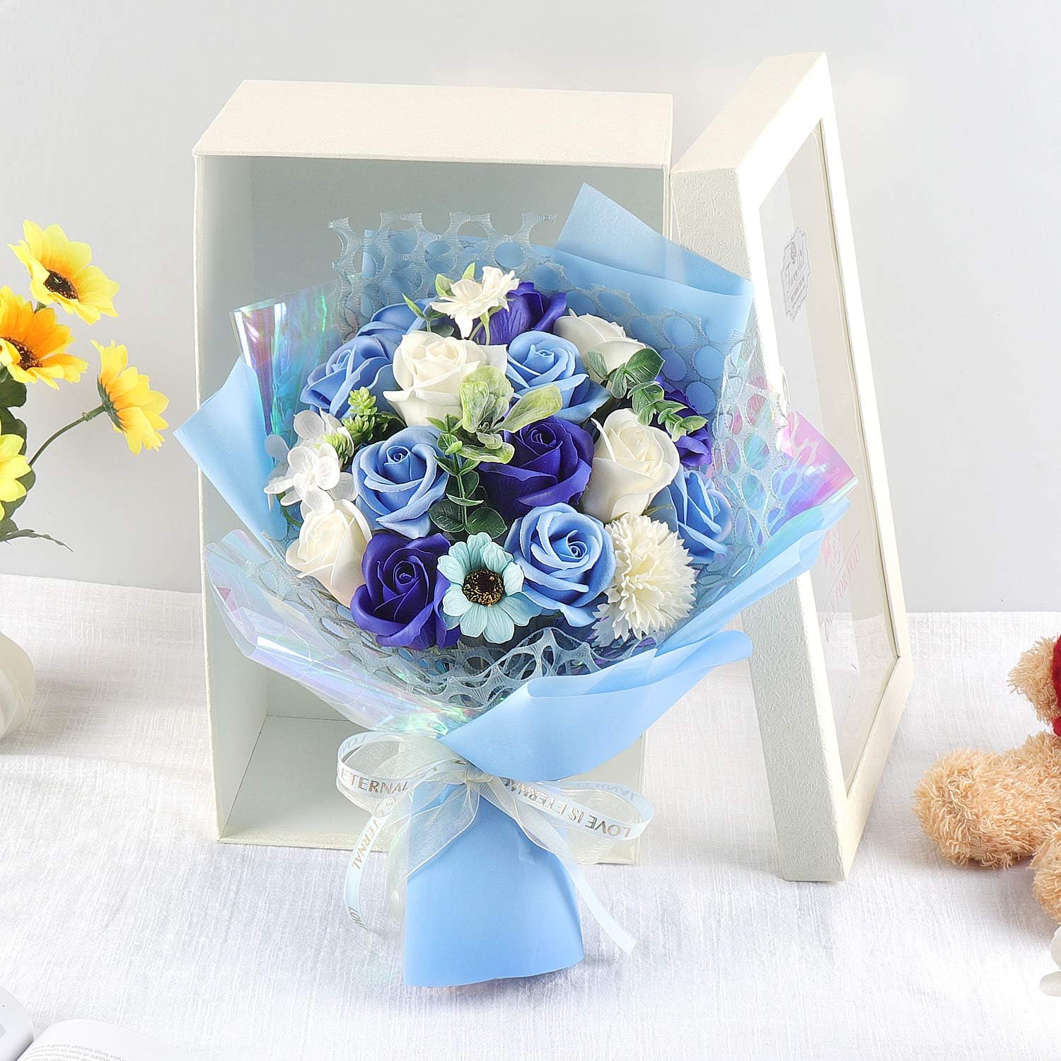 RERXN 薄い色、癒す花 フラワー(17輪) ソープフラワー フラワー 青 ソープフラワー 石鹸花 造花 バラ 花束 枯れない クリスマスプレゼント 退職祝い 開店祝い お花ギフト 誕生日 ギフトボックス メッセージカード付き (青い)