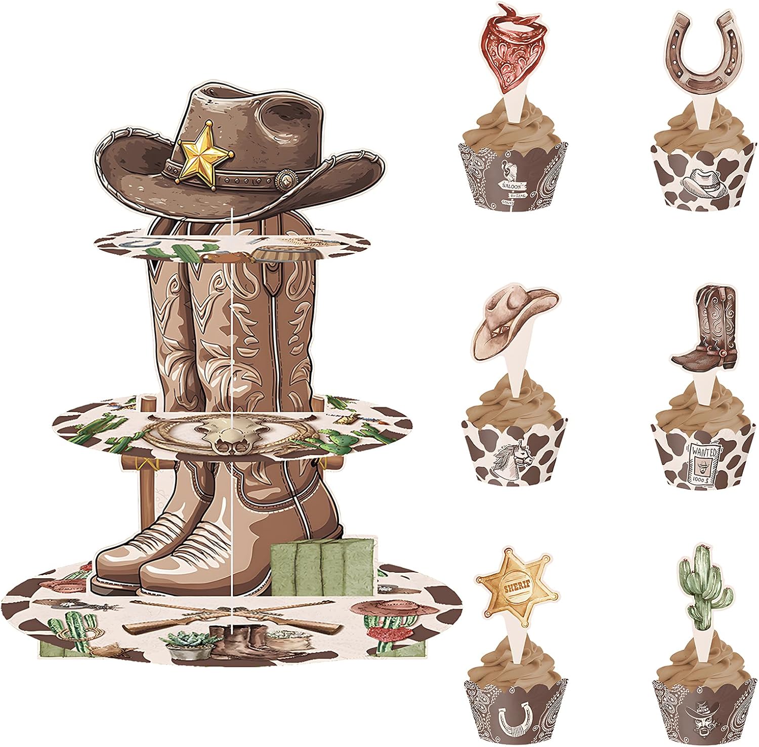 Western Cowboy Cupcake Stand 3 Tier Cowboy Birthday Dessert Cake Holder with Cupcake Topper for Wild Theme Birthday Party Supplies
