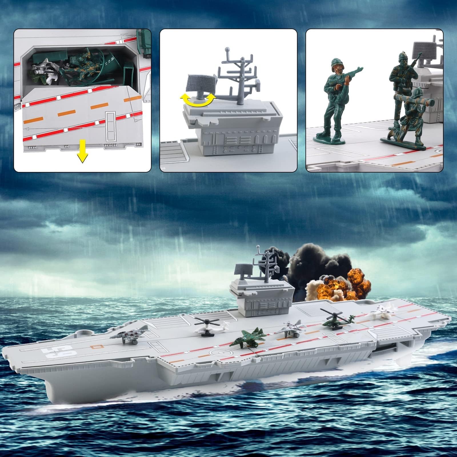deAO Modellino portaerei, Navi da Guerra Battle Cruiser unità di Difesa Militare Gioco con Elicottero Carro Armato Sottomarino Modello Soldato di Auto Militare Regalo