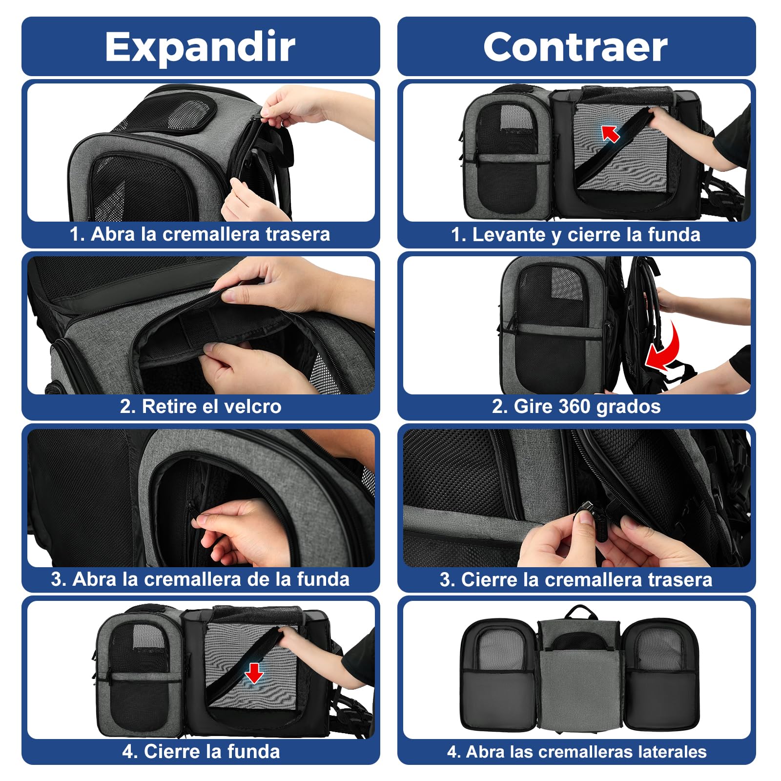 APOLLO WALKER Mochilas para Gatos y Mochilas para Perros, Mascotas Gato Grandes y Pequeñas (2-15 kg),de Malla Transpirable,Ideal Senderismo (Expansión Gris)
