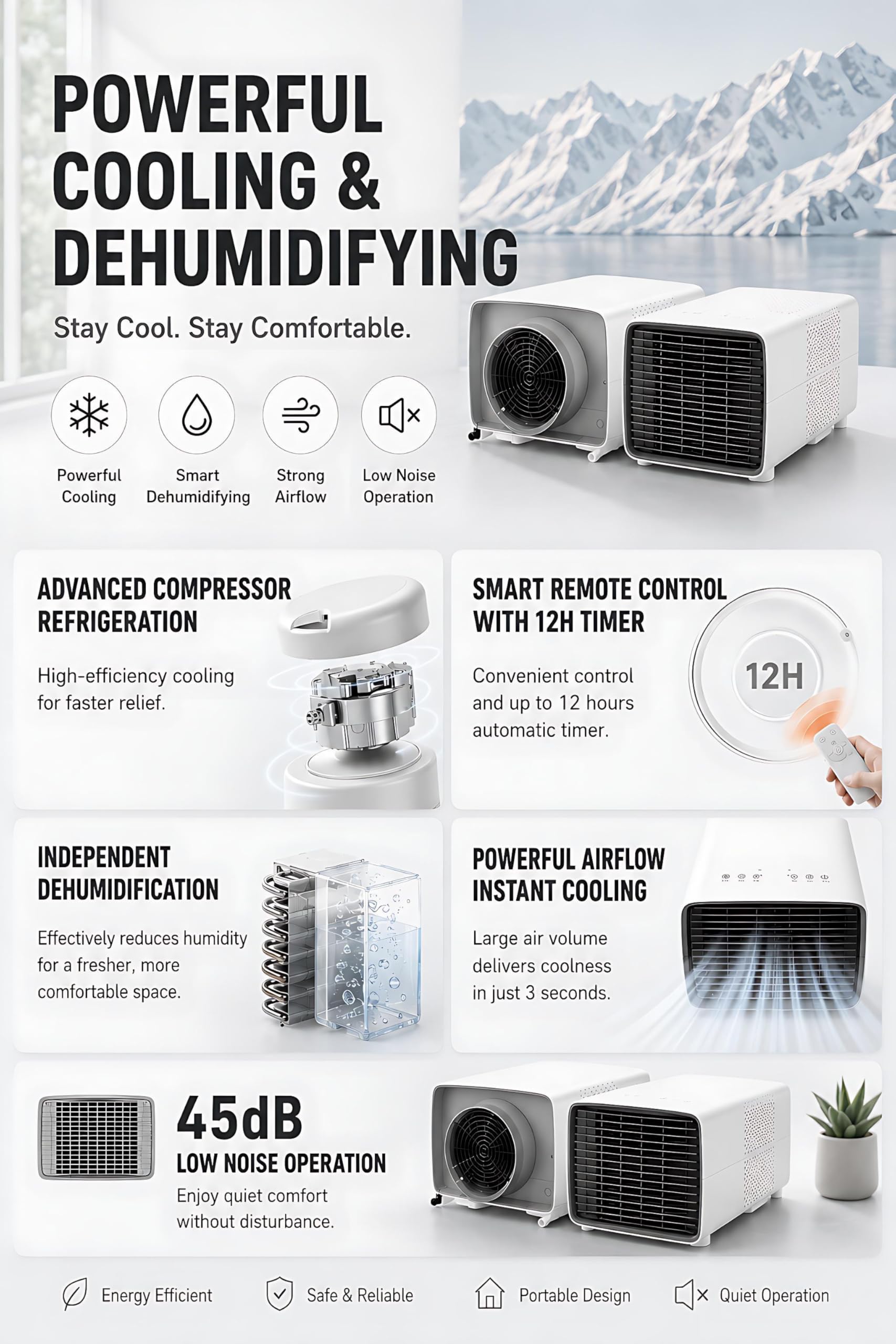 Przenośna klimatyzacja 2700 BTU z kompresorem, 3-w-1 mini klimatyzator campingowy, 45dB cichy, 280W niskie zużycie do namiotu, kampera, akademika i podróży