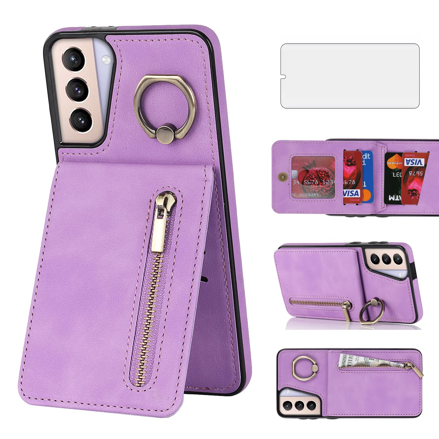 Asuwish Phone Case for Samsung Galaxy S21 5G 6.2 inch Wallet Cover with Tempered Glass Screen Protector and Zipper RFID Card Holder Ring Stand Leather