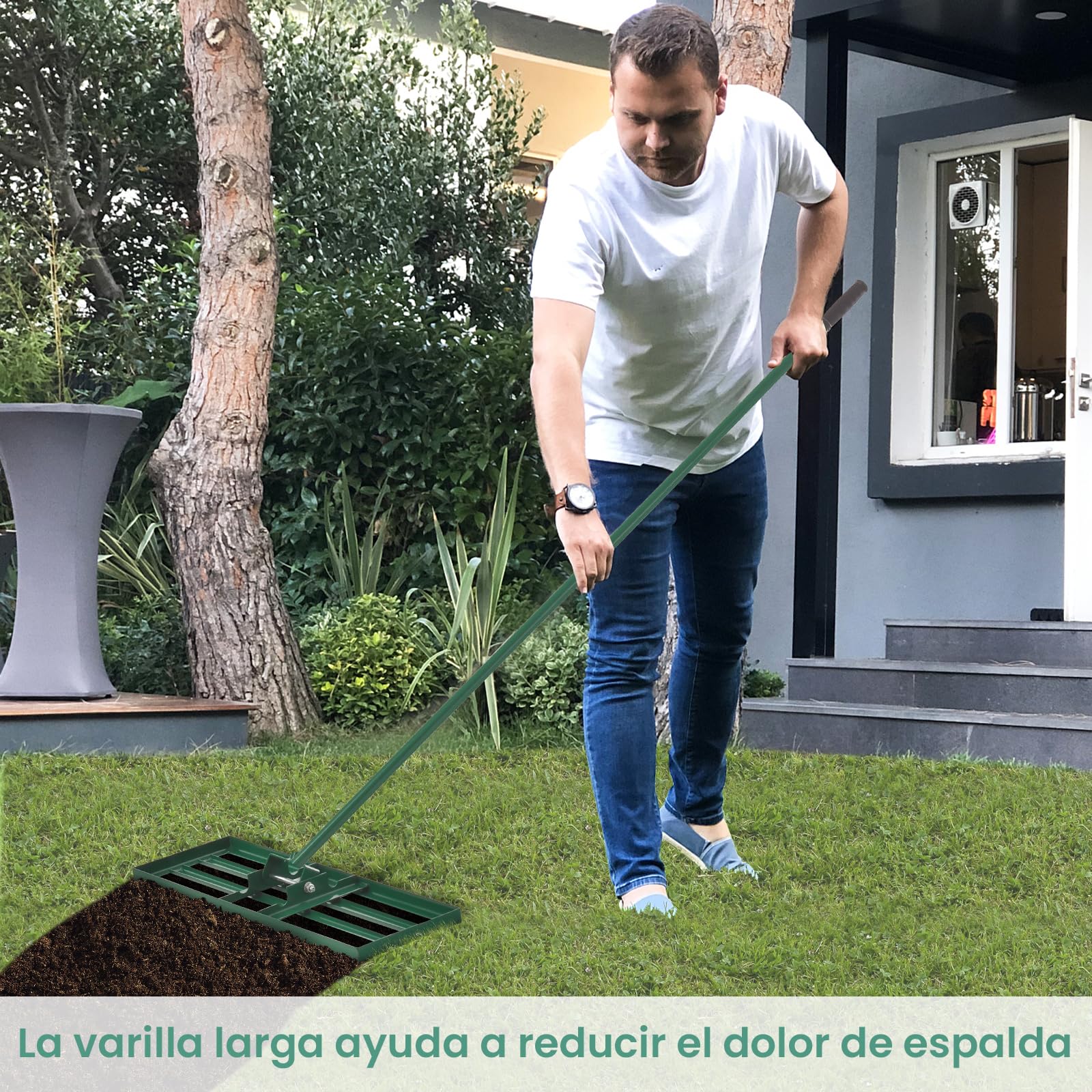 GOPLUS Rastrillo de Nivelación de Césped, Rastrillo Jardín con Mango Ergonómico 170 cm, Nivelador para Jardinería, Paisajismo, Nivelación, Patio, Campo de Golf (Verde 91 x 25 cm)