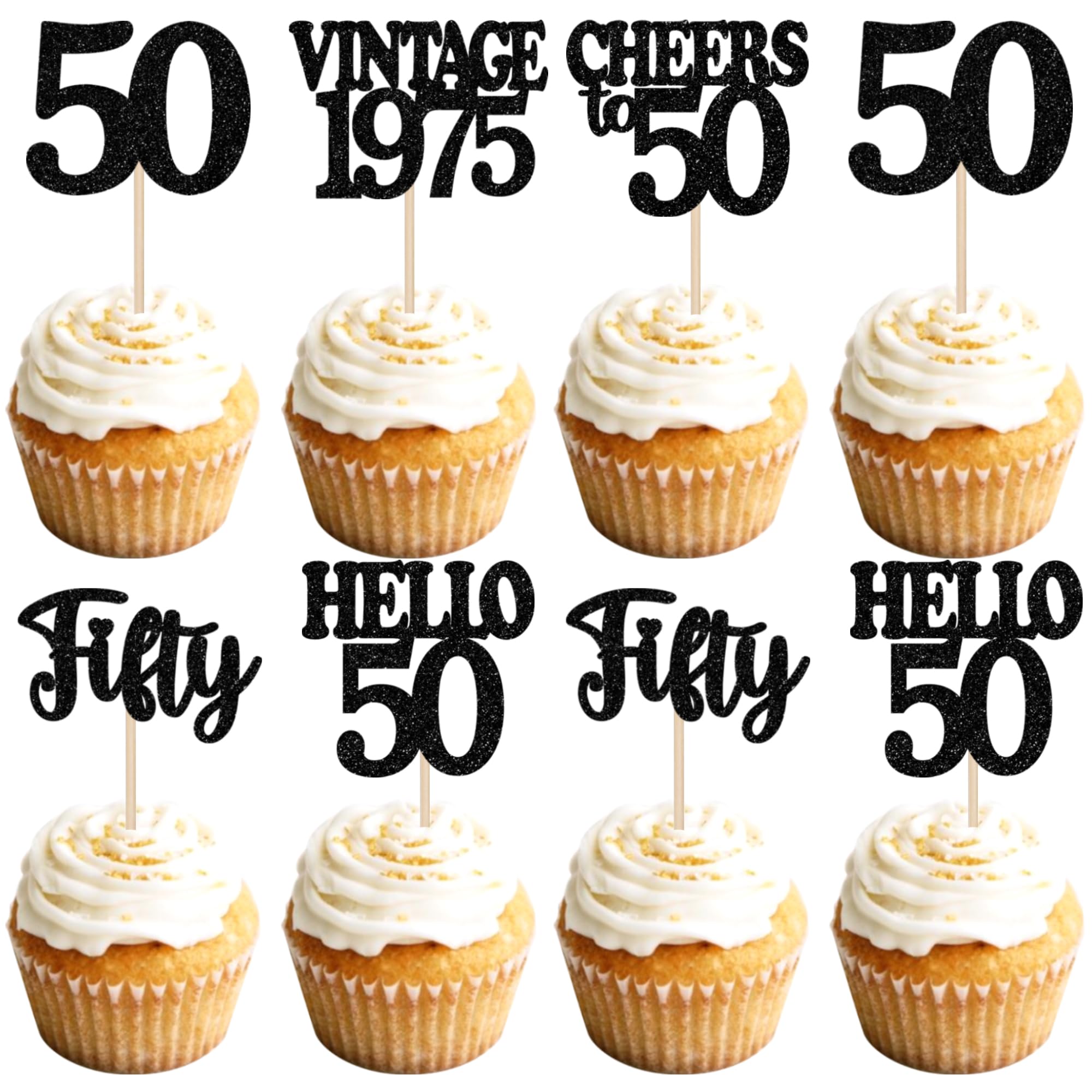 SYKYCTCY 30 Pack 50th Birthday Cupcake Toppers Glitter Hello 50 Cupcake Picks Cheers to 50 Vintage 1975 Fifty Cake Decorations for Happy 50th Birthday Wedding Anniversary Party Supplies Black — image 1