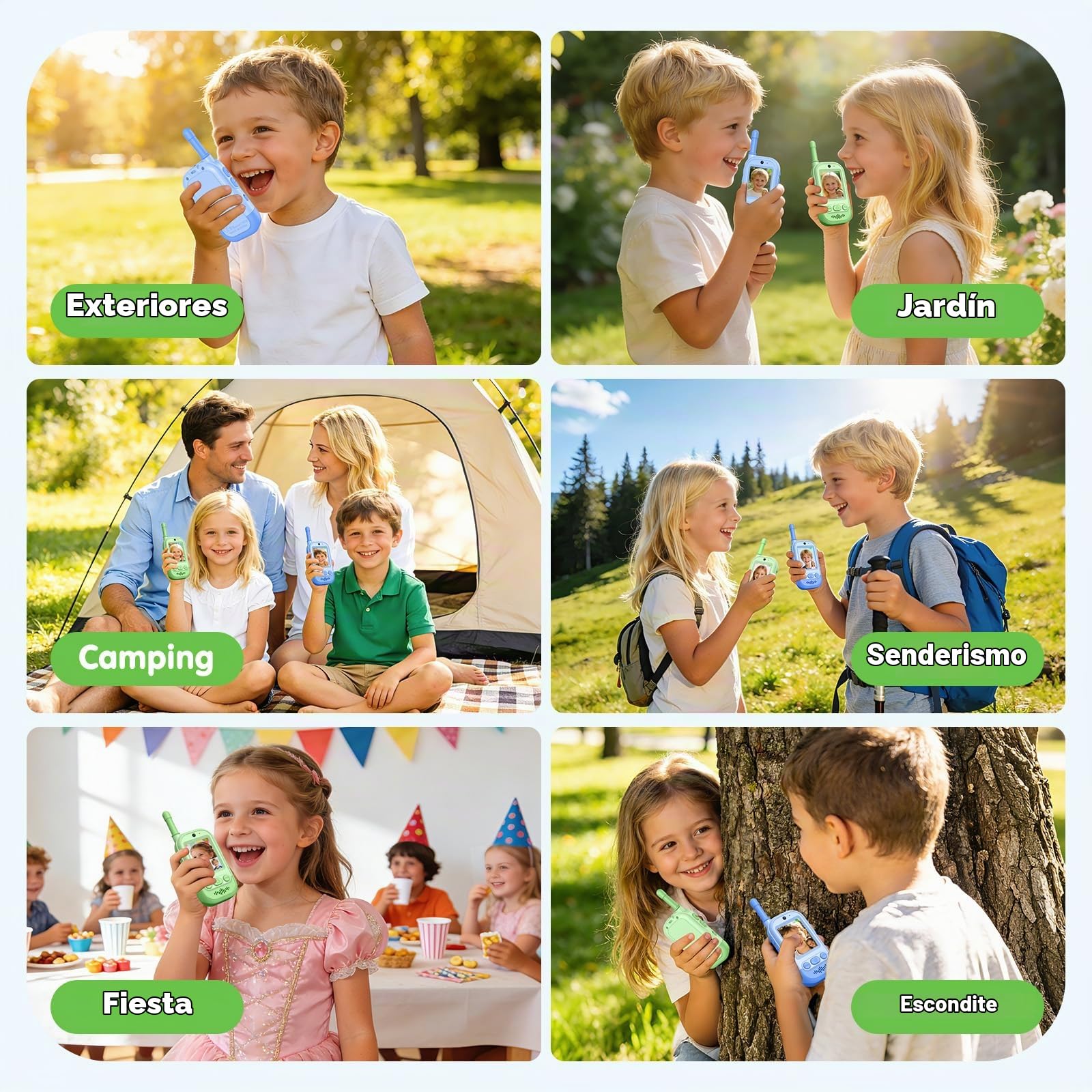 Video Walkie Talkie Niños(Set de 2), Gofunly Walkie Talkie Recargable con Videollamada, Largo Alcance, Cambiador de Voz, Regalos de Cumpleaños Juguete para Niños y Niñas de 3 a 12 Años - Verde+Azul