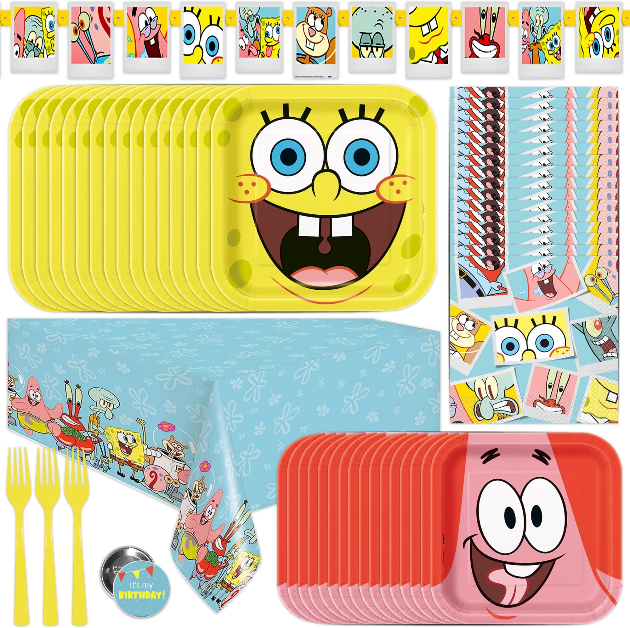 - Spongebob Birthday Decorations | Spongebob Party Decorations | Spongebob Party Supplies | Serves 16 Guests | With Banner, Spongebob Tablecloth, Dinner & Cake Plates, Napkins, Forks, Button