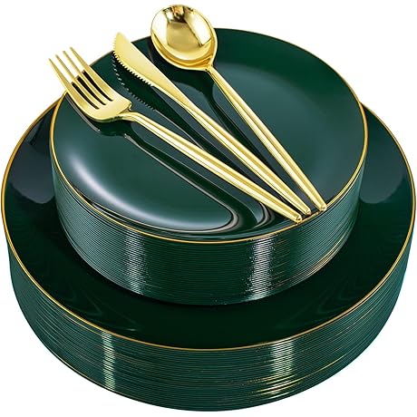 Green Plastic Plates with Gold Rim