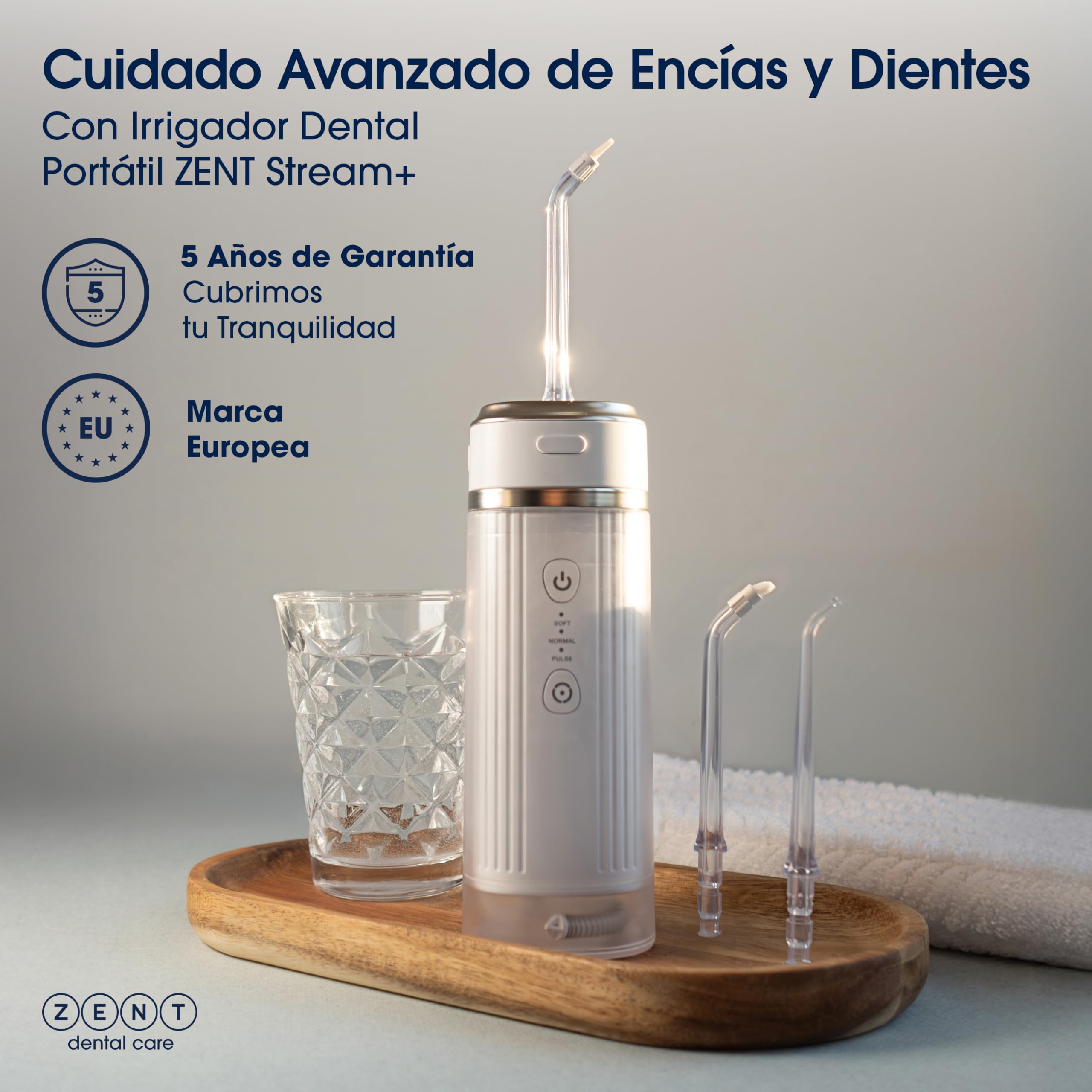 ZENT Stream+ Irrigador Bucal viaje con tecnología rotativa avanzada de 360° | Irrigador dental portatil, 3 Boquillas, Presión ajustable, Limpia quitar sarro dientes, Batería duradera, IPX7 Impermeable
