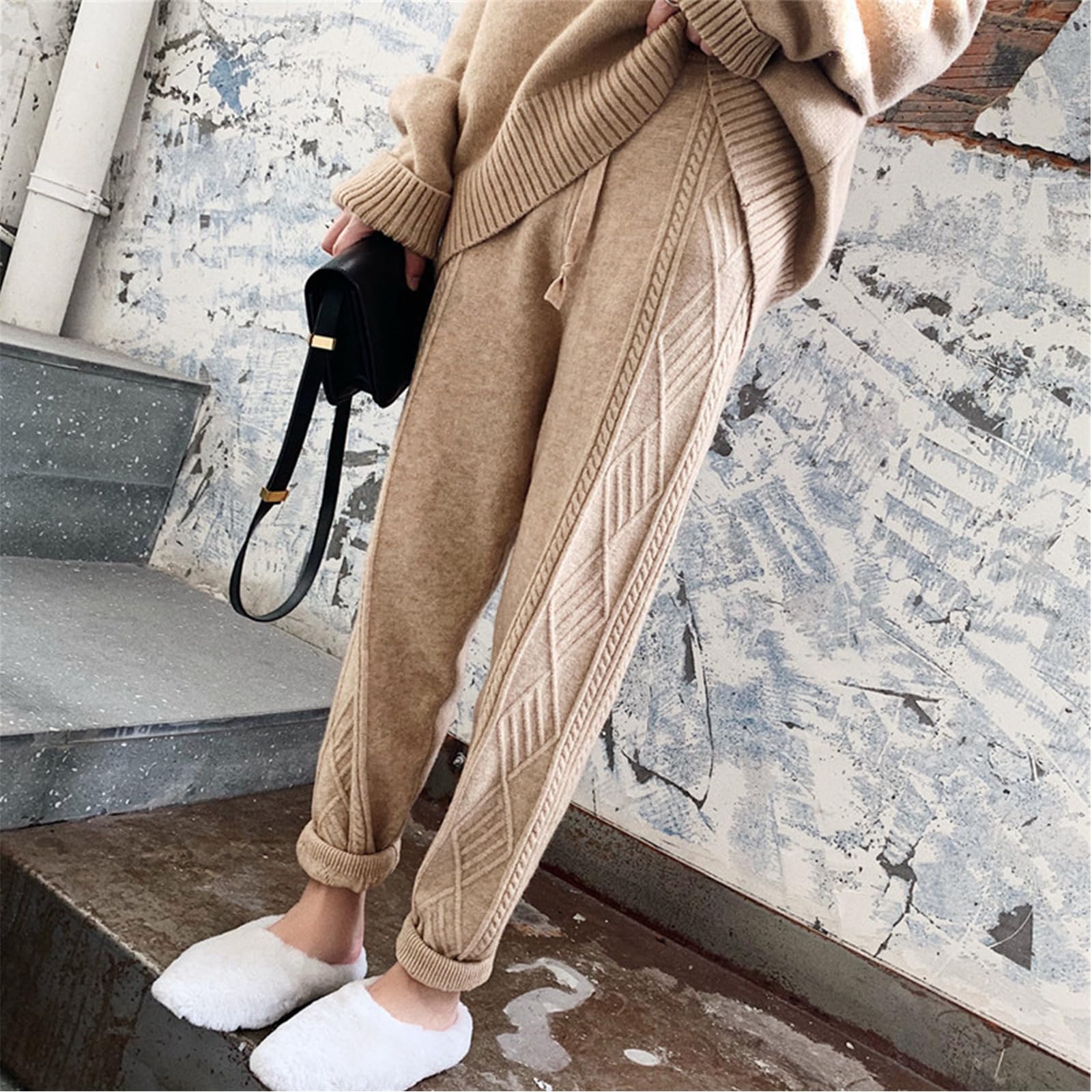 Pantaloni Larghi Da Donna - Pantaloni Harem Ispessiti Da Donna Invernali Coulisse Retrò Coulisse Casual Pantaloni In Maglia Ritorta Pantaloni Caldi Maglione Pantaloni Gamba Dritta Sottile Semplice