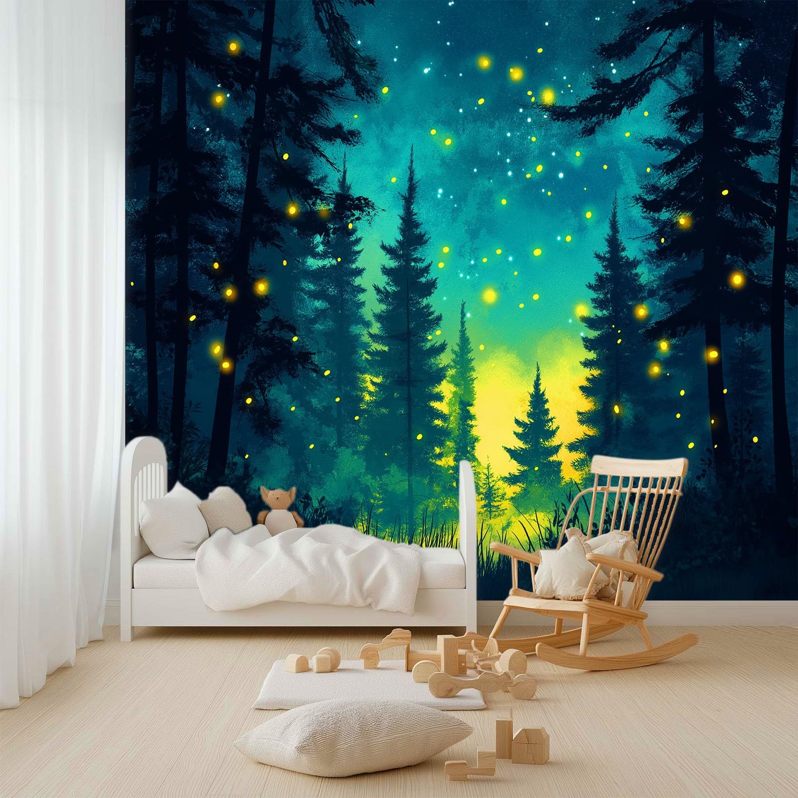 Czarodziejski las - fototapeta 350 x 256 cm, efekt 3D, obraz ścienny, tapeta ścienna, z włókniny, nowoczesny salon, malarstwo, pokój dziecięcy, sypialnia, tło TV, dekoracja ścienna, niebiesko-zielona