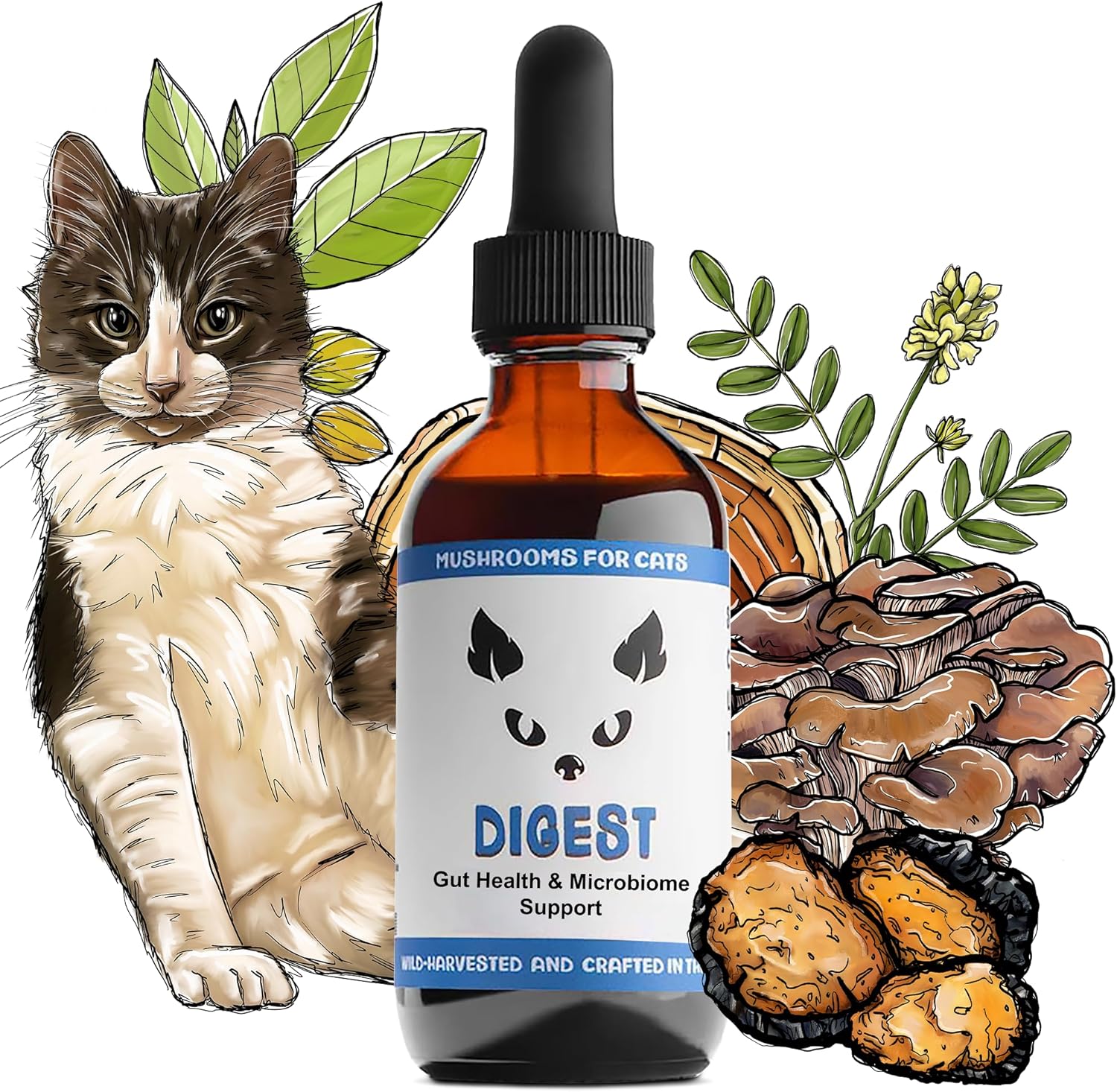 MycoCat Digest - Mushroom Extract & Adaptogen Tincture Cat Supplement - Cat Digestive Support Blend - Roots, Herbs, & Mushroom Extracts Including Chaga, Shiitake, & Turkey Tail