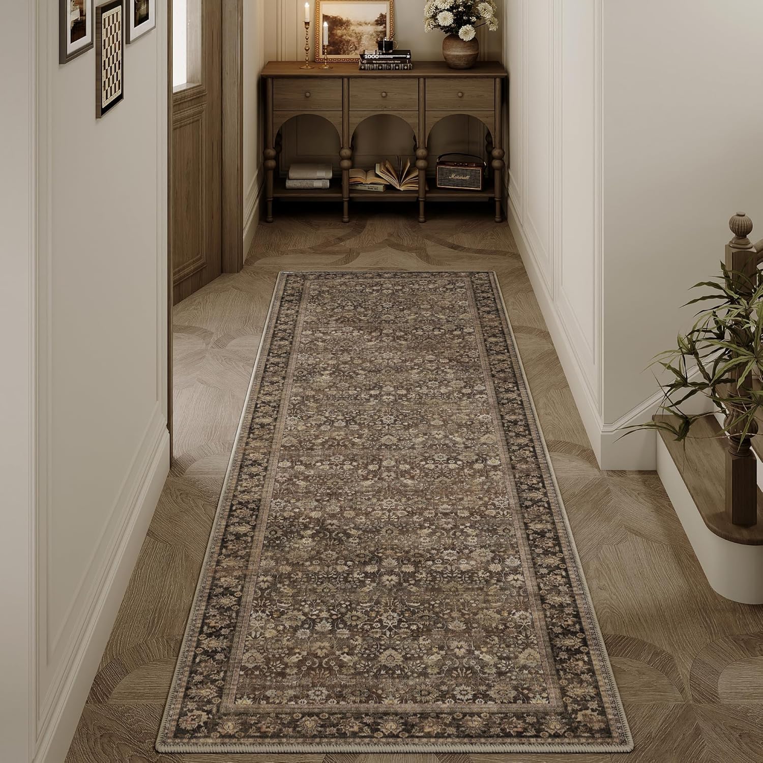 hugear 2x5 runner rug machine washable brown hallway area rugs indoor accent rugs floral low pile carpet distressed throw rug bedroom living room office dining kitchen laundry non slip