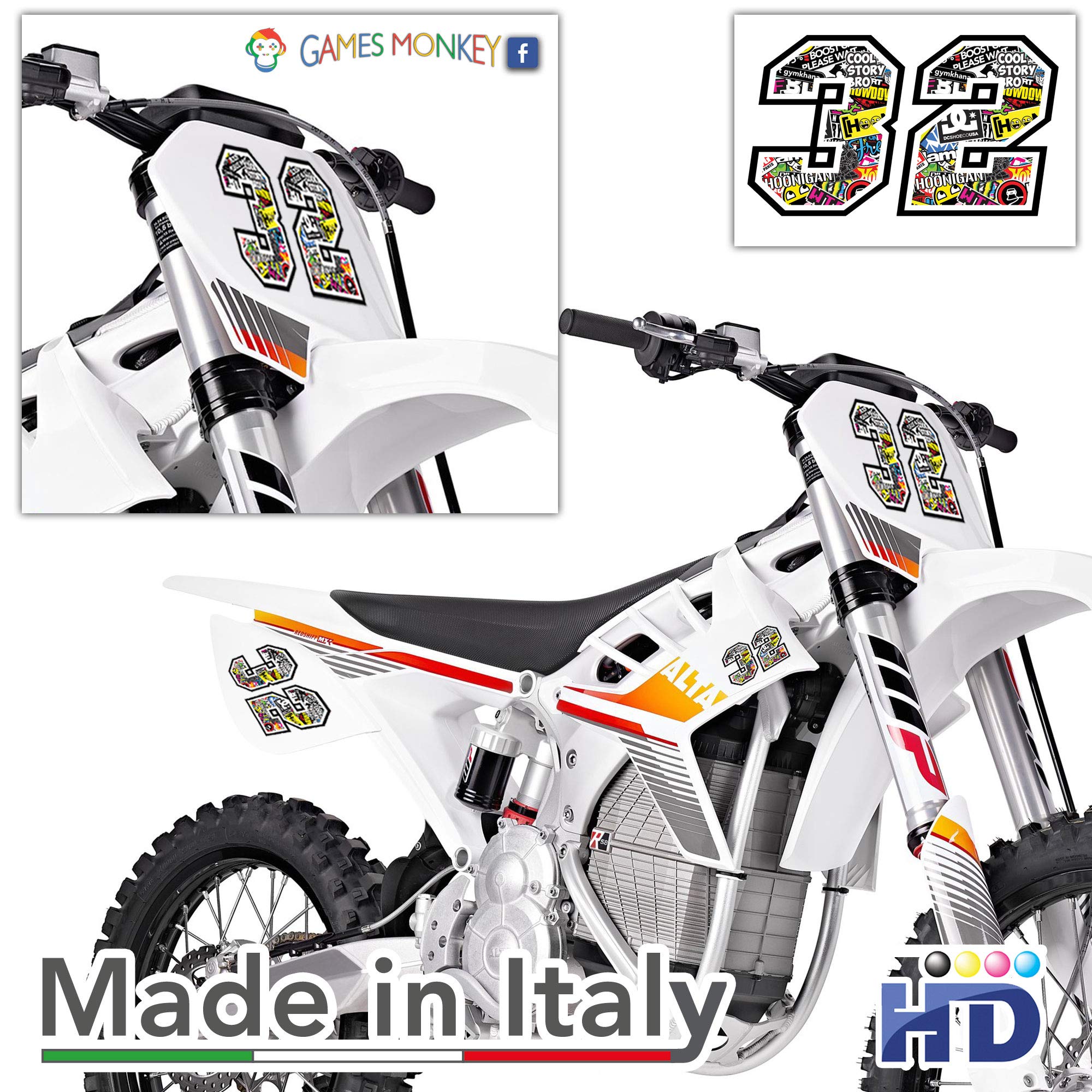 Marca: GamesMonkey Adhesive Race número - la medida 12 cm - Cross Pista de Coches Pegatinas para Bicicletas (3, Sticker Bomb) in use