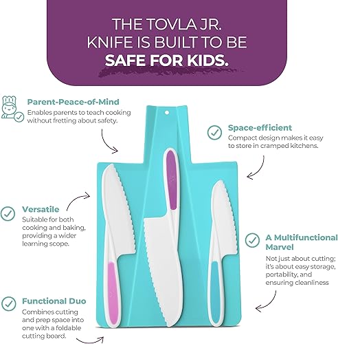 Miniatura 3 de TOVLA JR. Juego de regalo de corte para niños 3 cuchillos de cocina seguros para niños, tabla de cortar plegable y 2 picadores aptos para niños.