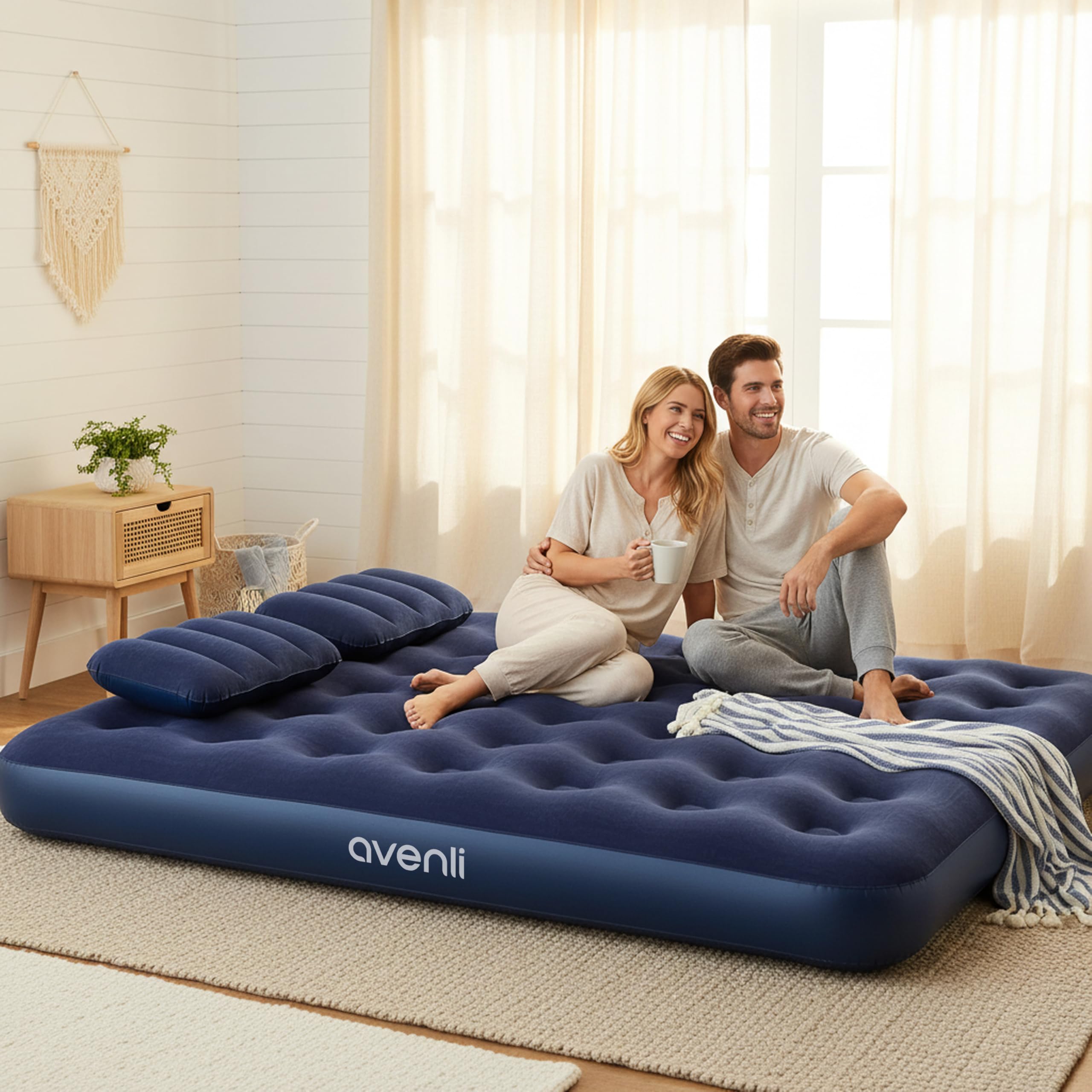 AVENLI Materasso gonfiabile Queen-Size 203x152x22 cm, 2 persone, Coil-Beam, con pompa e 2 cuscini, fino a 300 kg, blu, campeggio letto ospiti outdoor – materasso gonfiabile per 2 persone