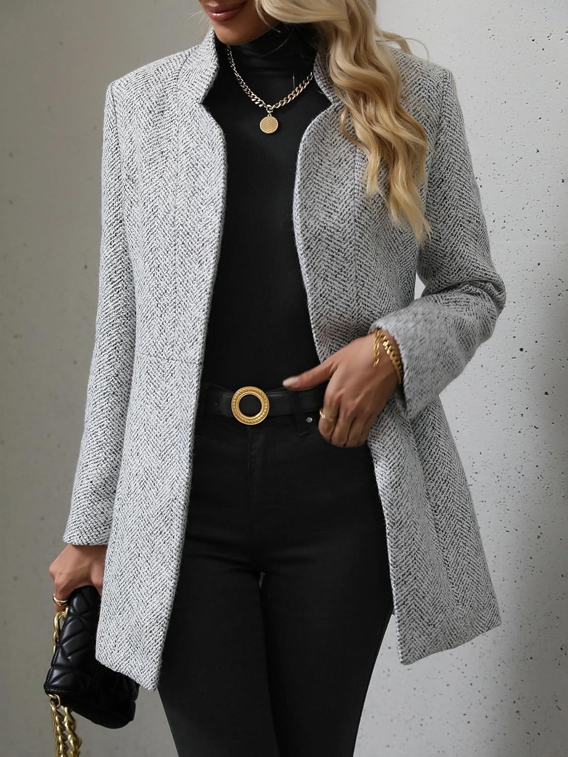 Women's Trench Coat Elegant Single Breasted Open Front OverCoat Long Sleeve Stand Collar Classic Overcoat