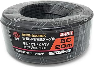 Nikou Electric Industry S5CFB Coaxial Cable 20m Black (2K 4K 8K BS CS CATV Terrestrial Digital) Antenna Cable Unfinished Ends Pure Copper Core Conductor (5CFB-200RBK)