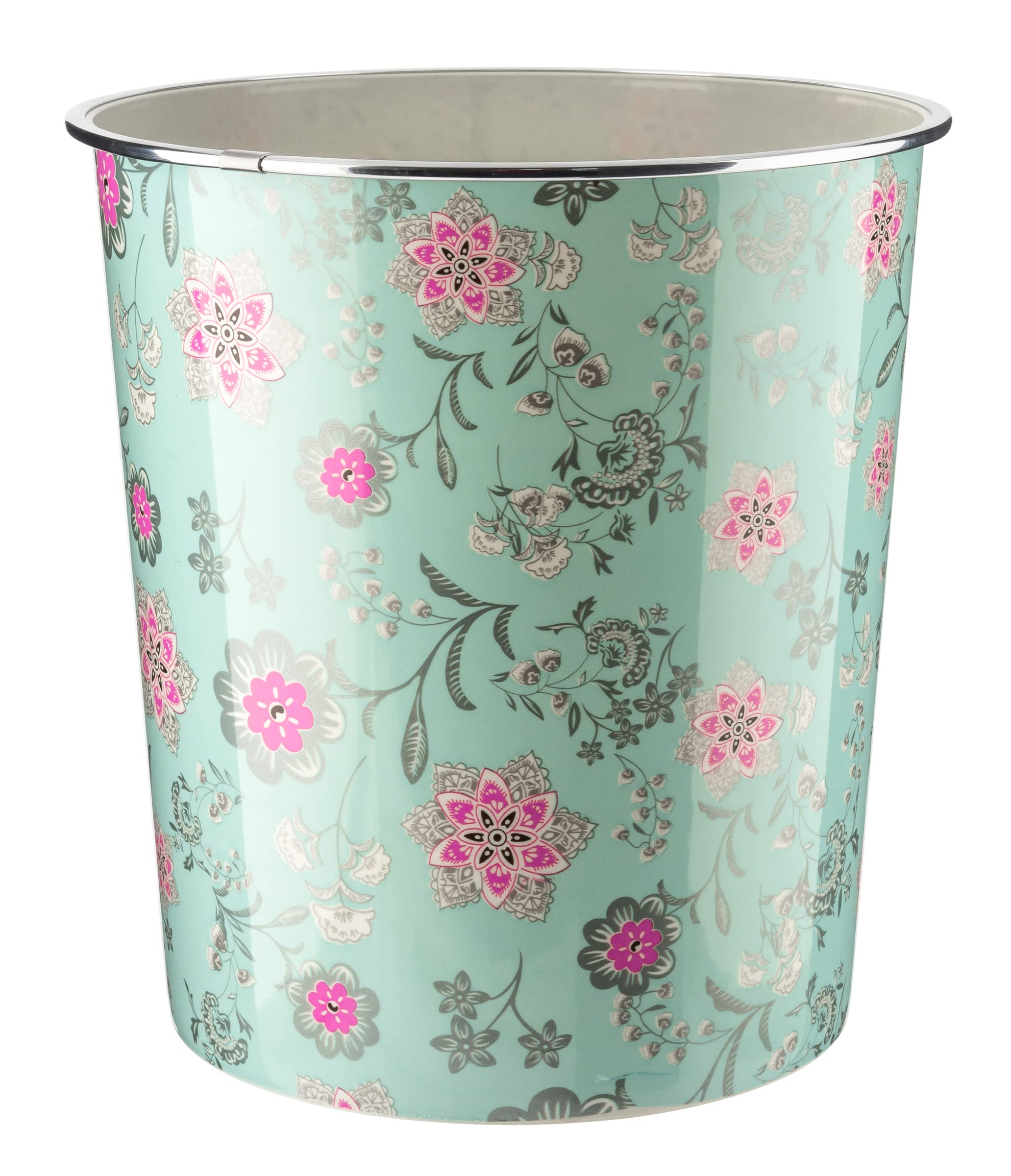 HOMESHOPA Plastic Waste Paper Basket Bin 7.7 Litre, Green Floral Retro Round Trash Can, Lightweight Recycling Rubbish Bin for Kitchen, Bedroom, Bathroom, Open-Top Garbage Dustbin, โ image 1