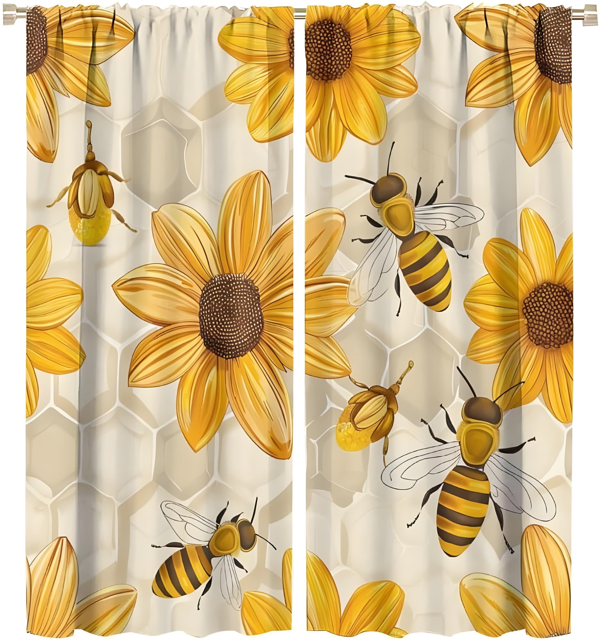 YZQGLHP Honeycomb Curtains, W 46" x L 54" (117 x 137 cm), Bees and Sunflowers Blackout and Heat-Insulating Curtains, Curtain 2 Pieces in a Pack, Suitable for Bedrooms and Living Rooms