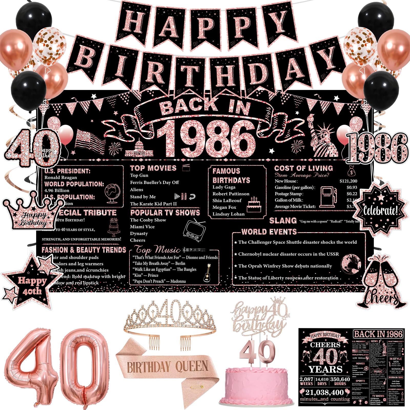 40th Birthday Decorations for Women, Rose Gold Black Back in 1986 Party Supplies Kit with Happy 40th Birthday Banner, Crown, Sash, Backdrop, Cake