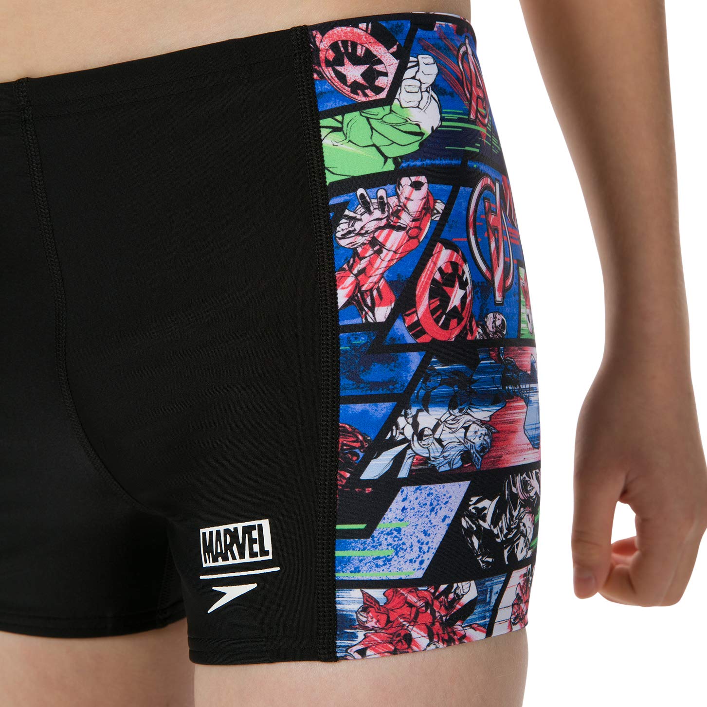 Speedo Boy's Endurance 10 Marvel Avengers High Chlorine Resistant UPF 40+ Sun Protection Aquashort - Black & Neon Blue 2