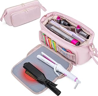 Fasrom Bolsa de Viaje para Herramientas de Peluquería con Alfombrilla Resistente al Calor para Plancha, Rizador y Alisador, Estuche 2 en 1 para Secador de Pelo, Rosa (Diseño Patentado)