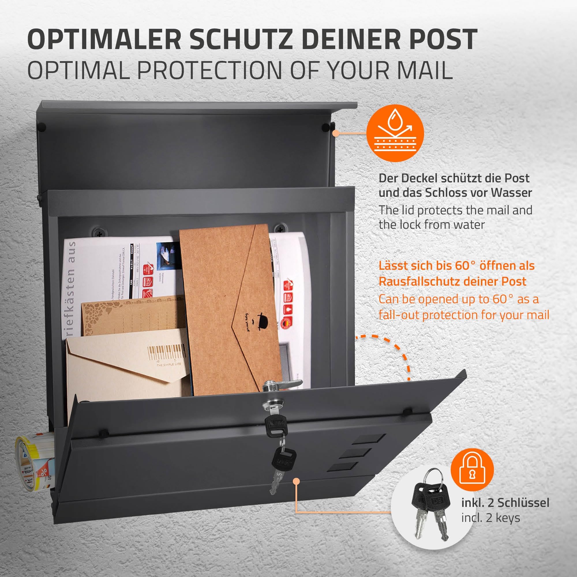 ECD Germany Buzón de Acero Inoxidable Exterior con Soporte Poste 120cm Casillero Antracita 37x10,5x36,5cm, Moderno con Compartimento para Periódicos, Placa de Identificación Cerradura con Llave