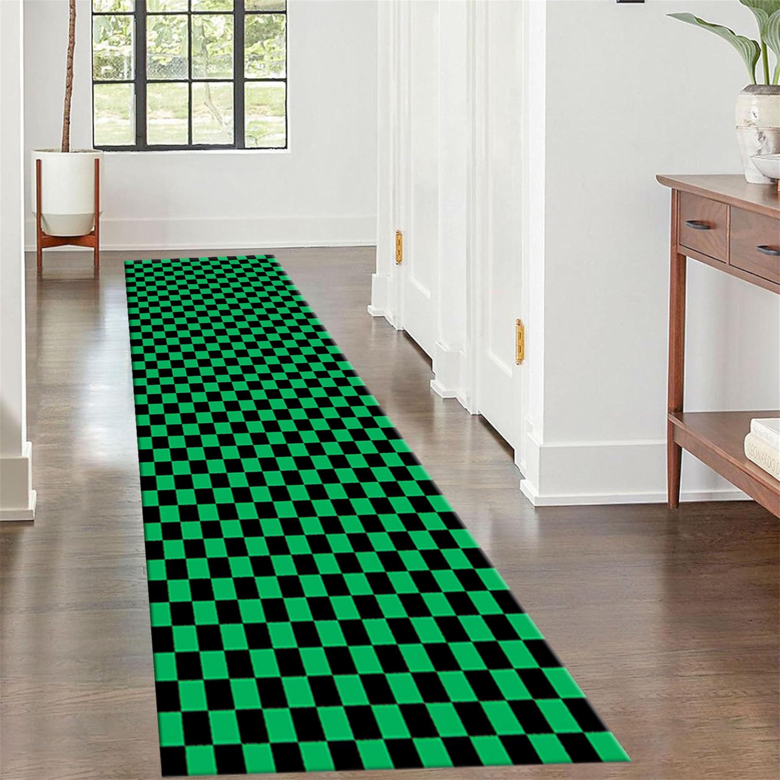 Srocvi Checkered Runner Rug Retro Funky Black Green Buffalo Checkerboard Long Rugs Abstract Geometric Print Carpet Non-Slip Flodable Rug for Indoor