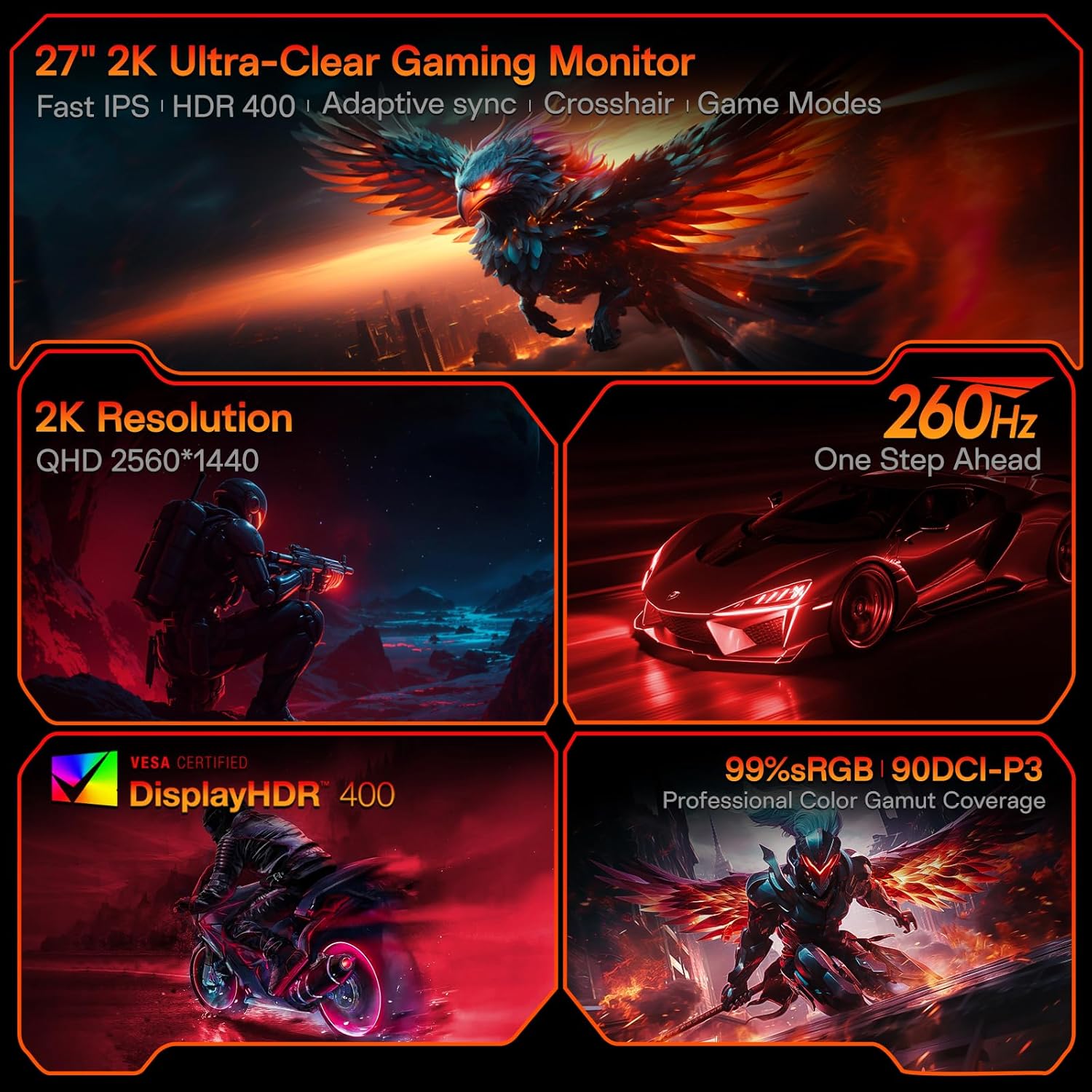 KOORUI G2721X monitor highlighting key features like QHD, Fast IPS, 260Hz, HDR400, and Adaptive Sync