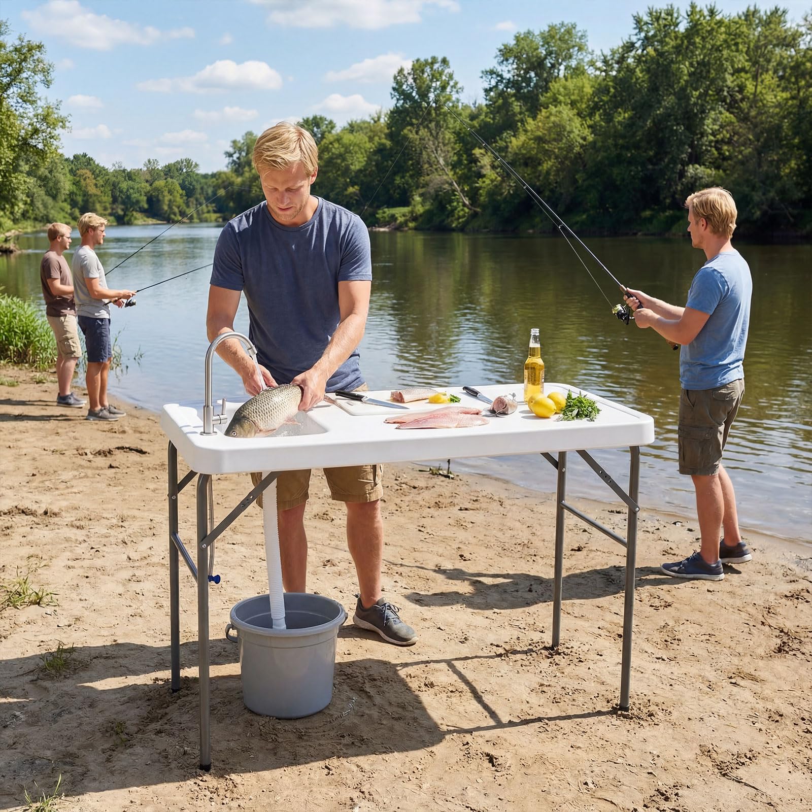 COSTWAY Fischreinigungstisch klappbar, Filetiertisch mit Spüle, Wasserhahn & Messskala, Campingtisch für Garten, Terrasse & zum Angeln, 104 x 59 x 76 cm, Weiß