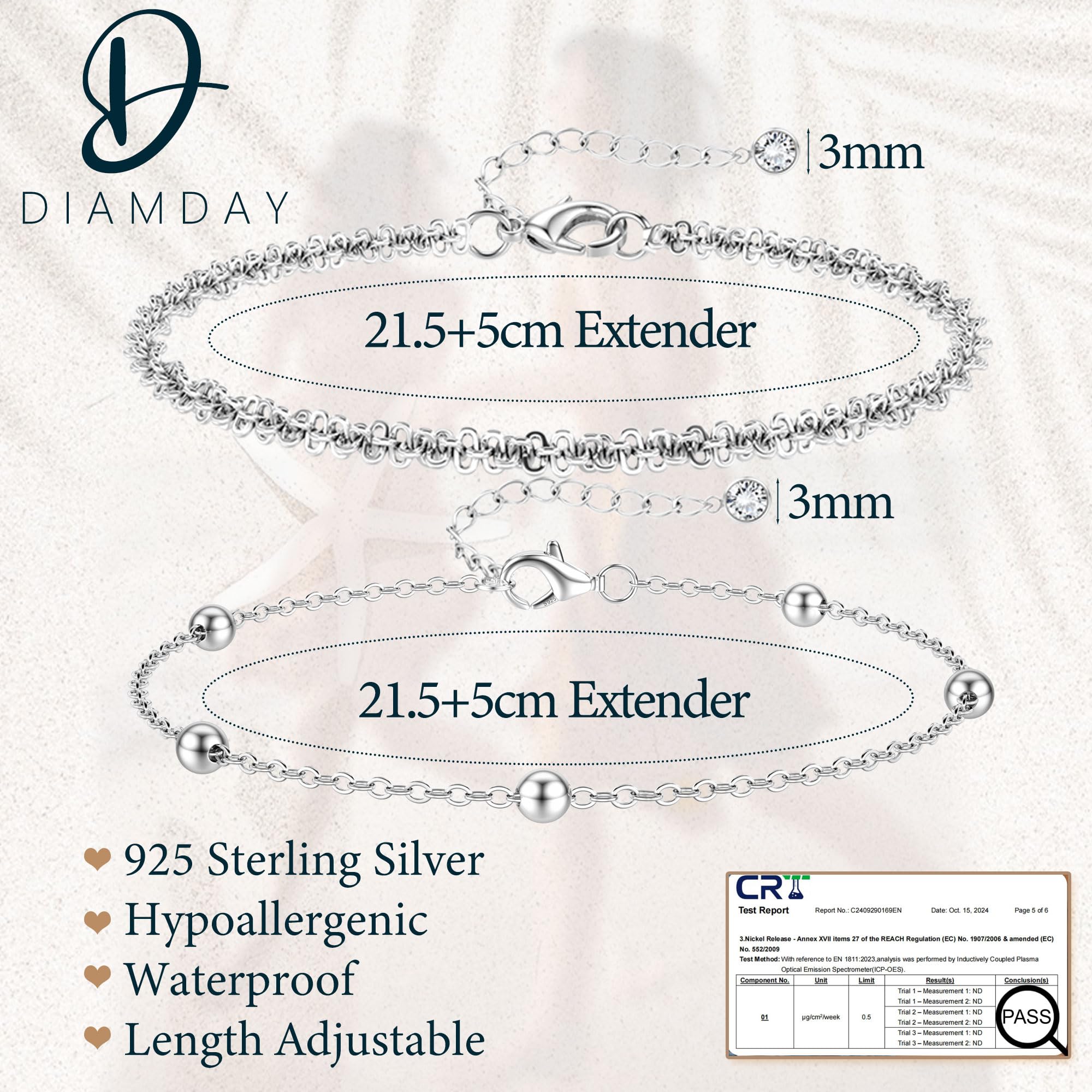 Diamday 2Pcs Cavigliera da Donna Argento 925 Cavigliere Argento Oro Regolabile Delicato Bracciali Caviglia Impermeabile Cavigliera Gioielli Spiaggia Cavigliere a Strati per Donna