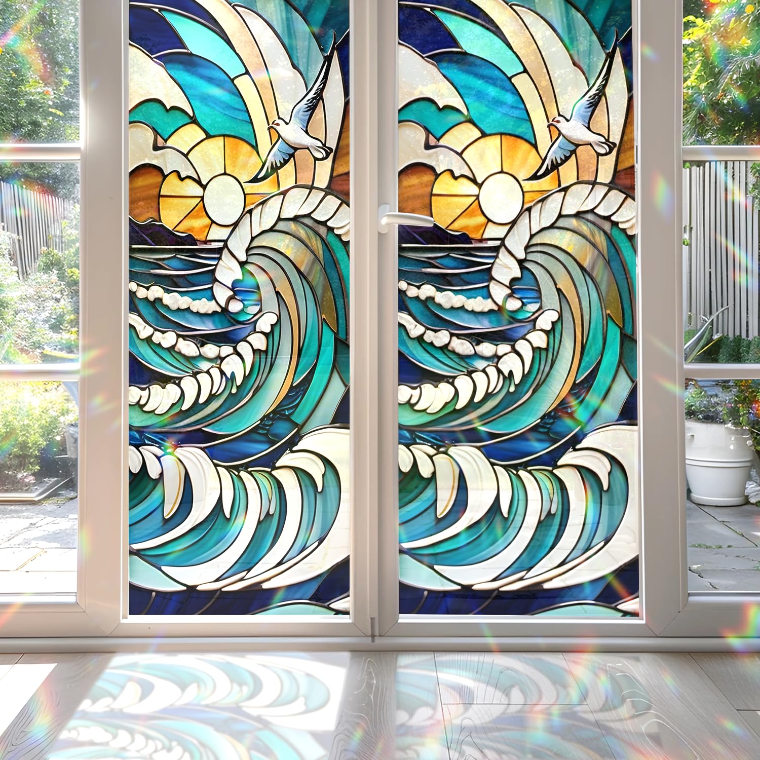 Sea and Ocean Waves Stained Glass Window Film, Sea and Ocean Waves Stained Glass Window Film for Door Heat Anti UV