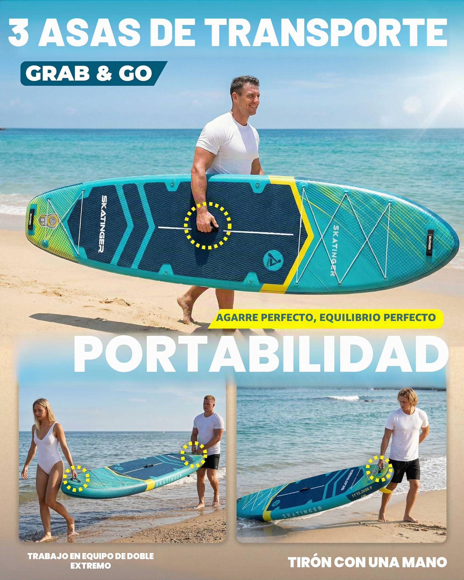 Skatinger Tabla de Remo Inflable de pie, Tabla de Remo Inflable de 11 x 34 x 6 Pulgadas, Tabla de Remo de Yoga con Mochila 1600D, 6 Anillos en D adicionales, Correa para el Hombro, Aleta Central de
