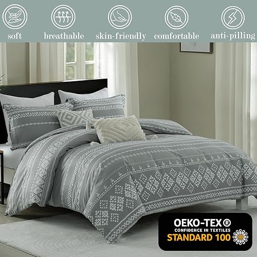 Miniatura 2 de Quilta Funda de edredón gris tamaño King  100% algodón otoño King juego de funda nórdica bohemia 3 piezas suave y ligera con cierre de cremallera y