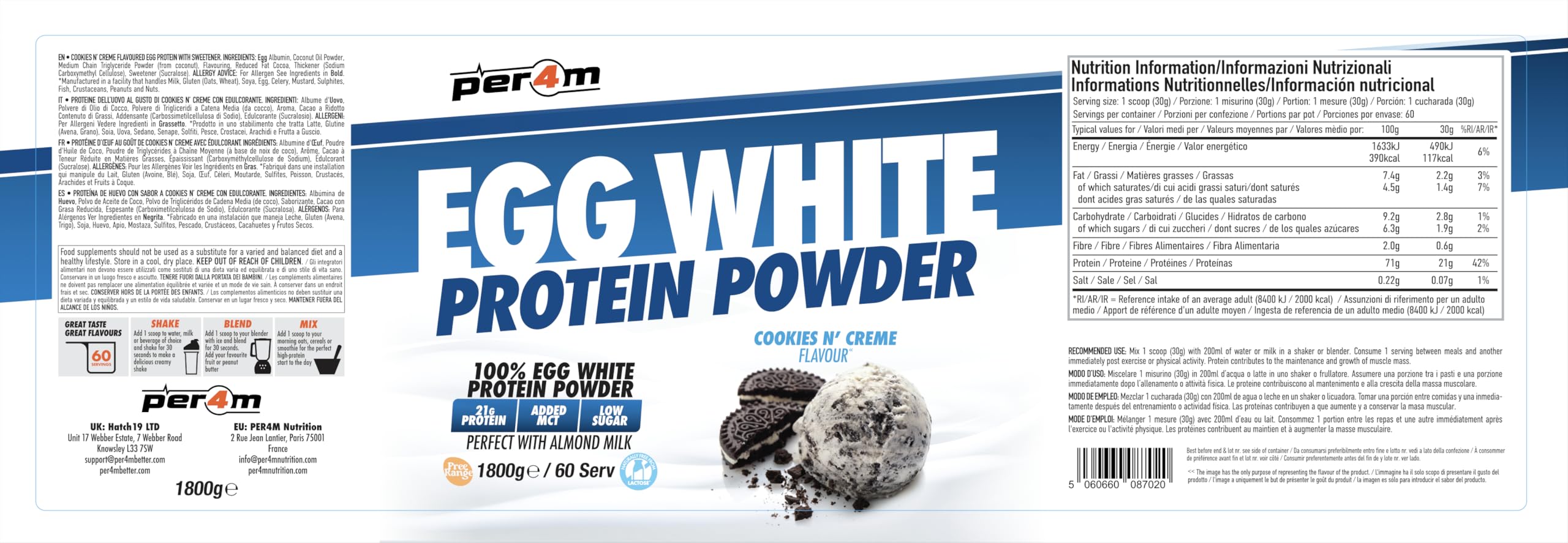 Per4m Egg White Protein Powder (1800g) Cookies et crème