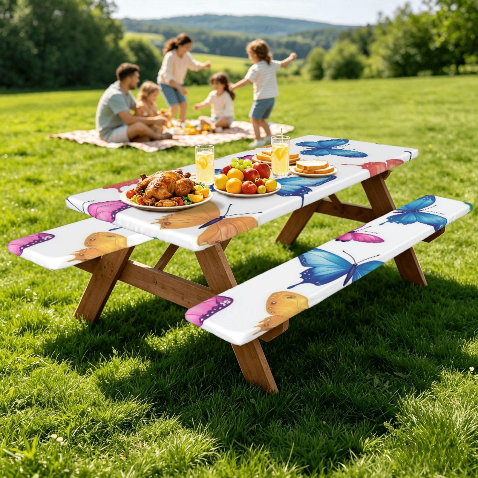 Nappe de pique-nique ajustée avec housses de banc, nappe élastique ajustée, motif papillons colorés, 182,9 cm, imperméable, pour camping, extérieur