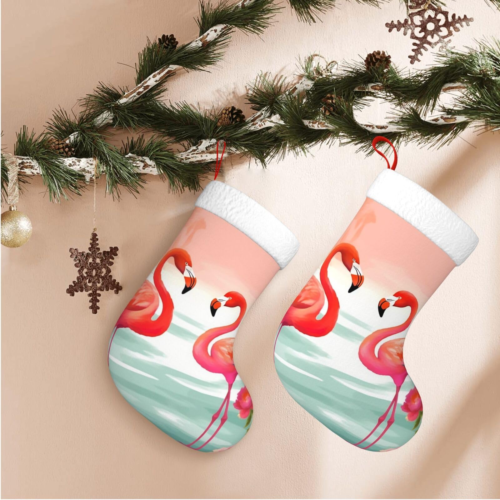 Two Red Flamingos Christmas Stockings Velvet Xmas Fireplace Hanging Stocking with Plush Cuff Rustic Christmas Santa Stockings for Home Christmas Decorations Party Favor Supplies