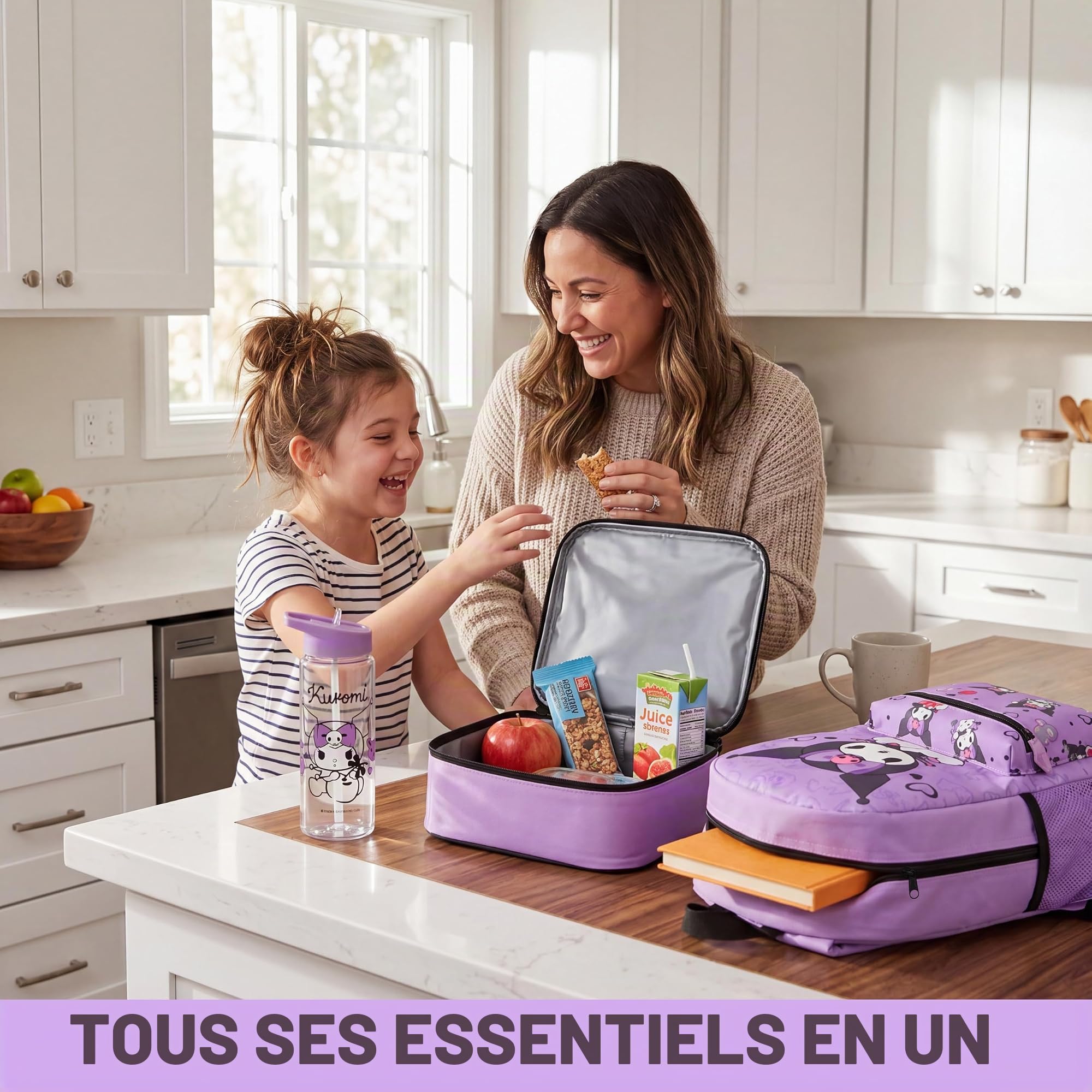 Get Trend Hello Kitty Kuromi Sac a Dos Fille Set, 4Pcs Grand Cartable, Trousse Scolaire, Sac Isotherme Repas et 500ml sans BPA Gourde Air Up (Violet Kuromi)