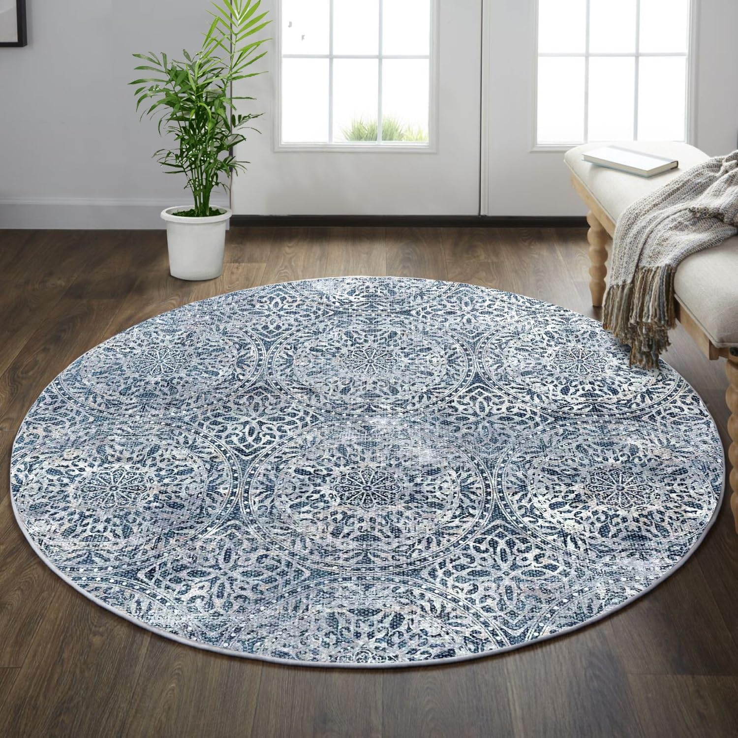 vivorug Round Rug 6ft Vintage-Inspired Round Area Rug Non-Slip Indoor Carpet for Living Room Bedroom Entryway, Stain Resistant Home Decor Circle Rug, Blue Medallion โ image 1
