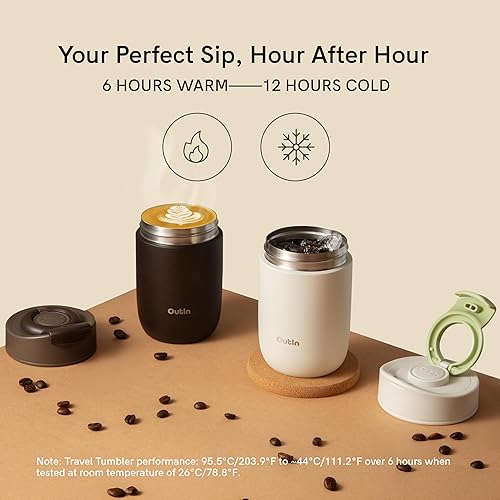 Miniatura 3 de OutIn Vaso de viaje, vaso de café aislado al aire libre con tapa abatible a prueba de fugas, taza de acero inoxidable de 12 onzas para bebidas