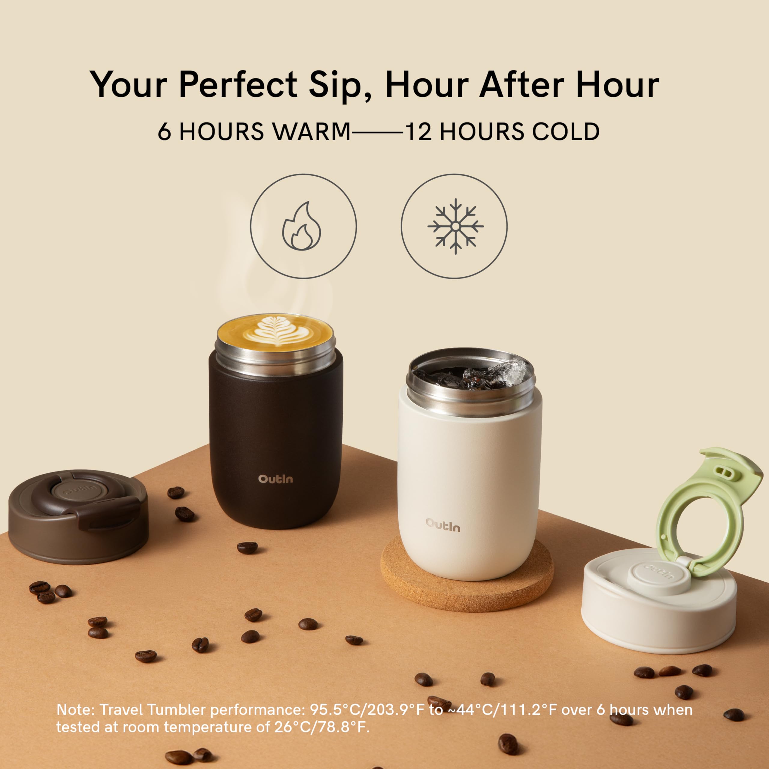 OutIn Travel Tumbler, vaso térmico de café estanco, 350 ml | Vaso de acero inoxidable con tapa abatible para bebidas calientes y frías, uso exterior, Terra Brown