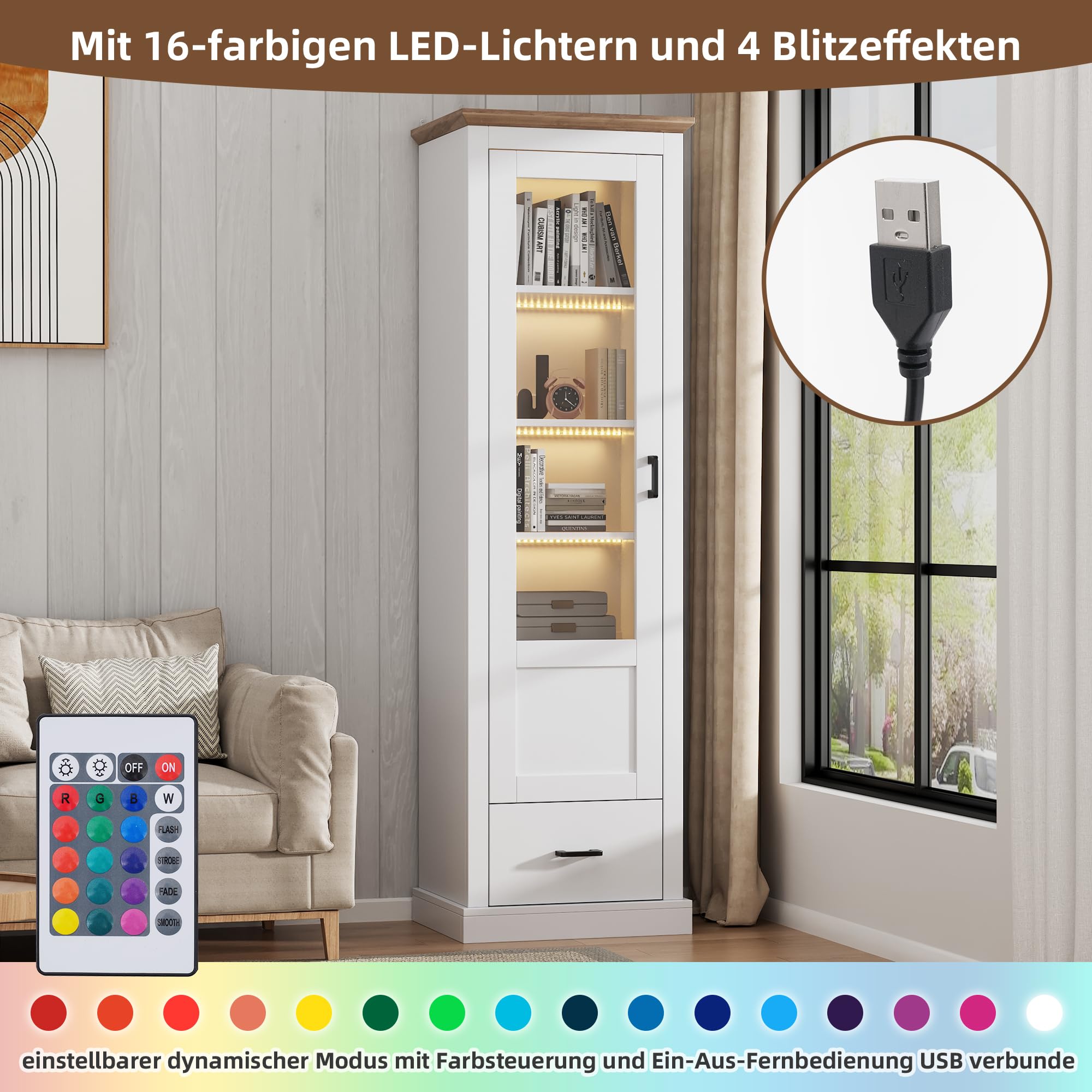 Merax Vitrina con iluminación LED, armario alto de cristal, armario de salón con 4 estantes y 1 cajones, puertas de cristal, armario multiusos para salón, oficina, cocina, color blanco mate, 50 x 35 x