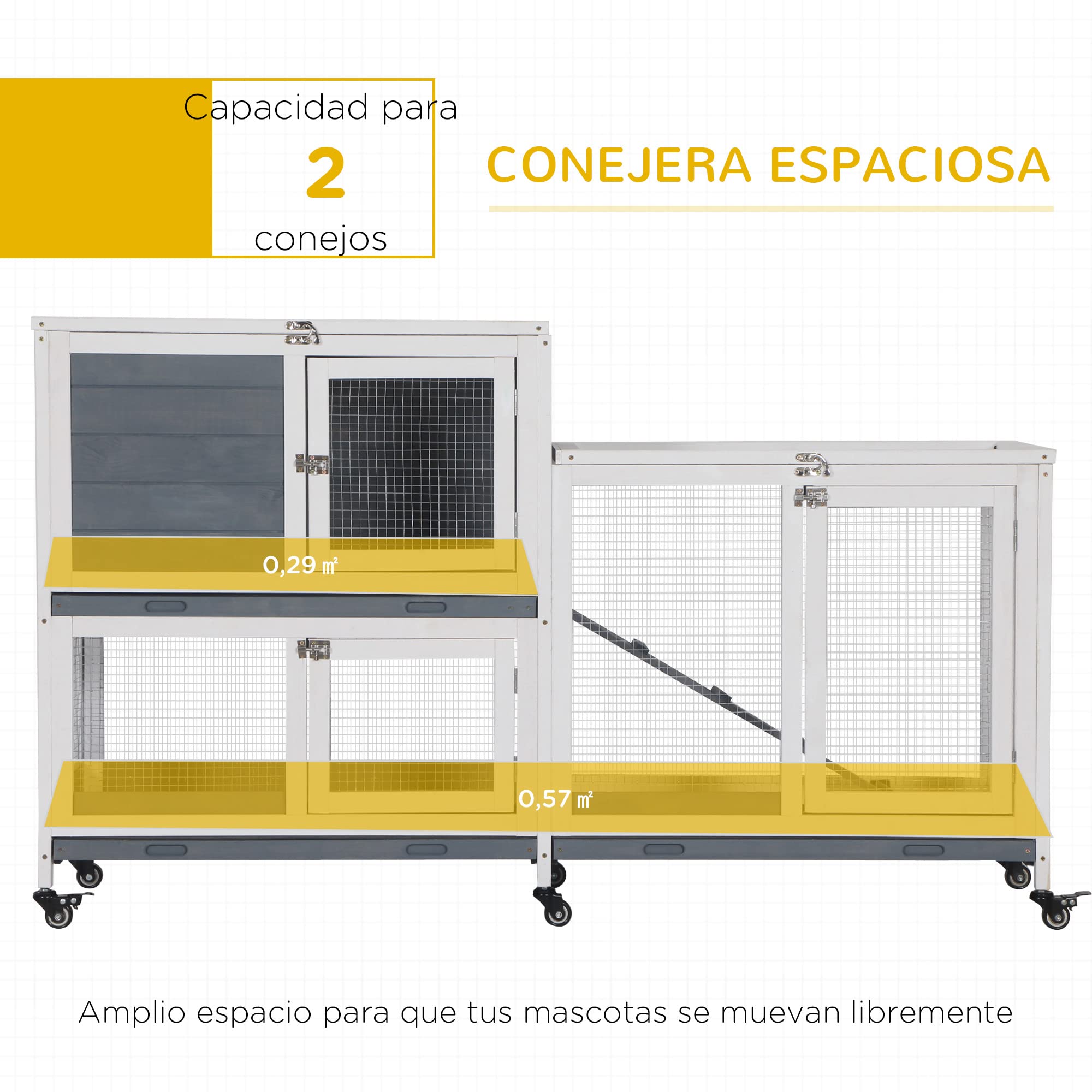 PawHut Conigliera in legno su ruote 147x45,5x88,5 cm Gabbia per conigli a 2 livelli con tetto apribile 2 corridoi in metallo 3 vassoi rimovibili 3 porte con chiusura e rampa Grigio